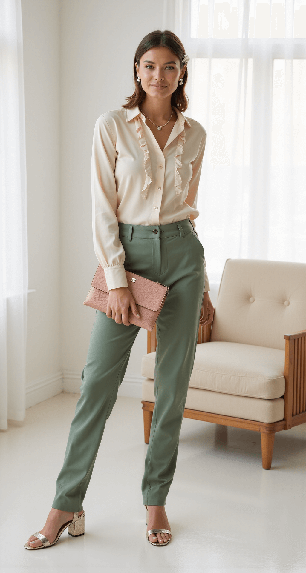 A bright studio space with sheer curtains softly diffusing daylight, showcasing a sophisticated two-piece ensemble: a cream silk blouse with ruffle details paired with high-waisted sage green tailored pants. Accessorized with metallic block heel sandals, a pearl hair clip, and a blush pink embossed leather clutch, the image highlights the outfit's versatility in a clean, editorial-style composition with crisp details and a blurred background.