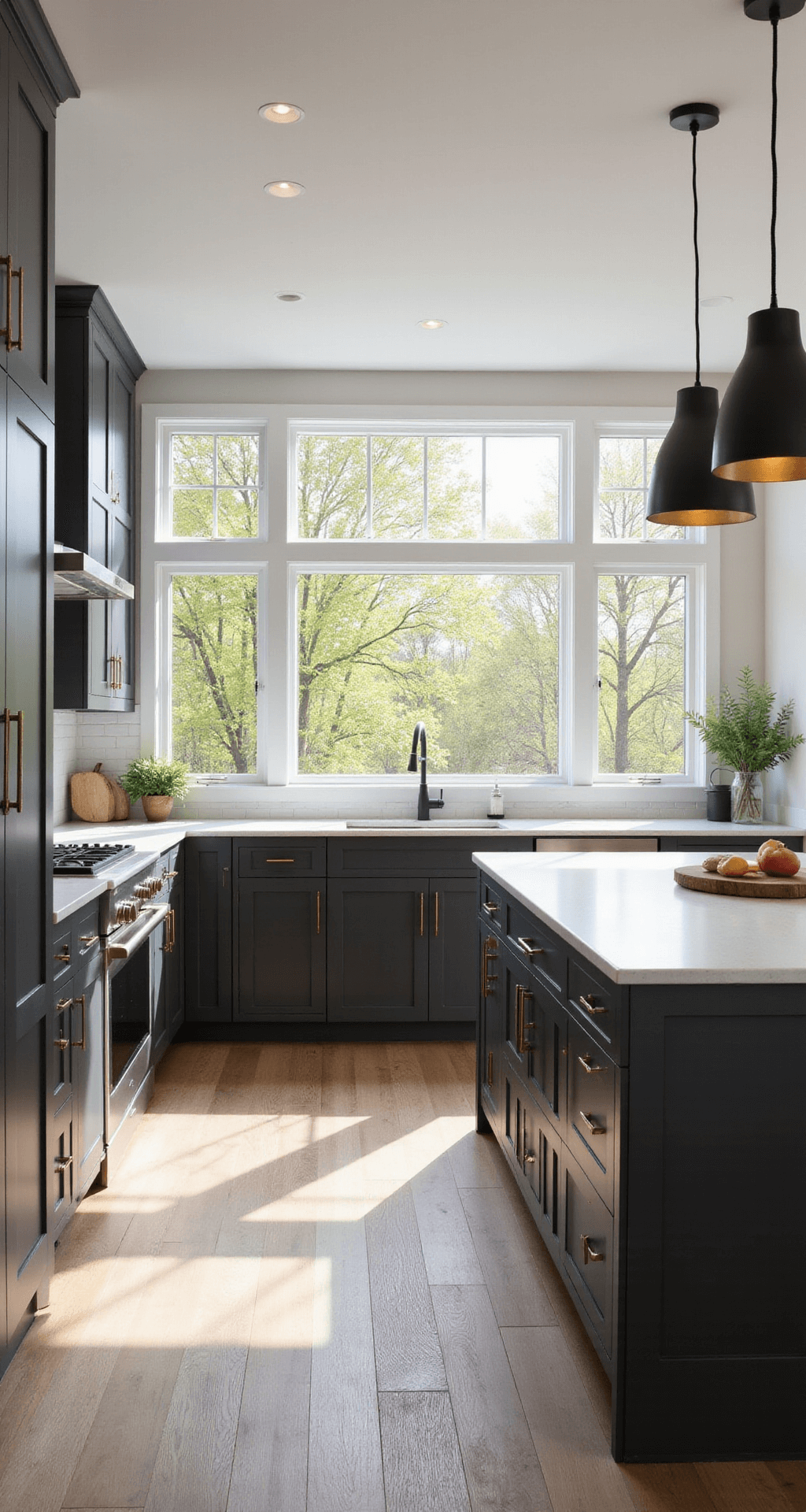 Modern L-shaped kitchen with dark grey cabinets, white quartz countertops, and brass accents, featuring large windows and high ceilings, captured at a 45-degree angle.