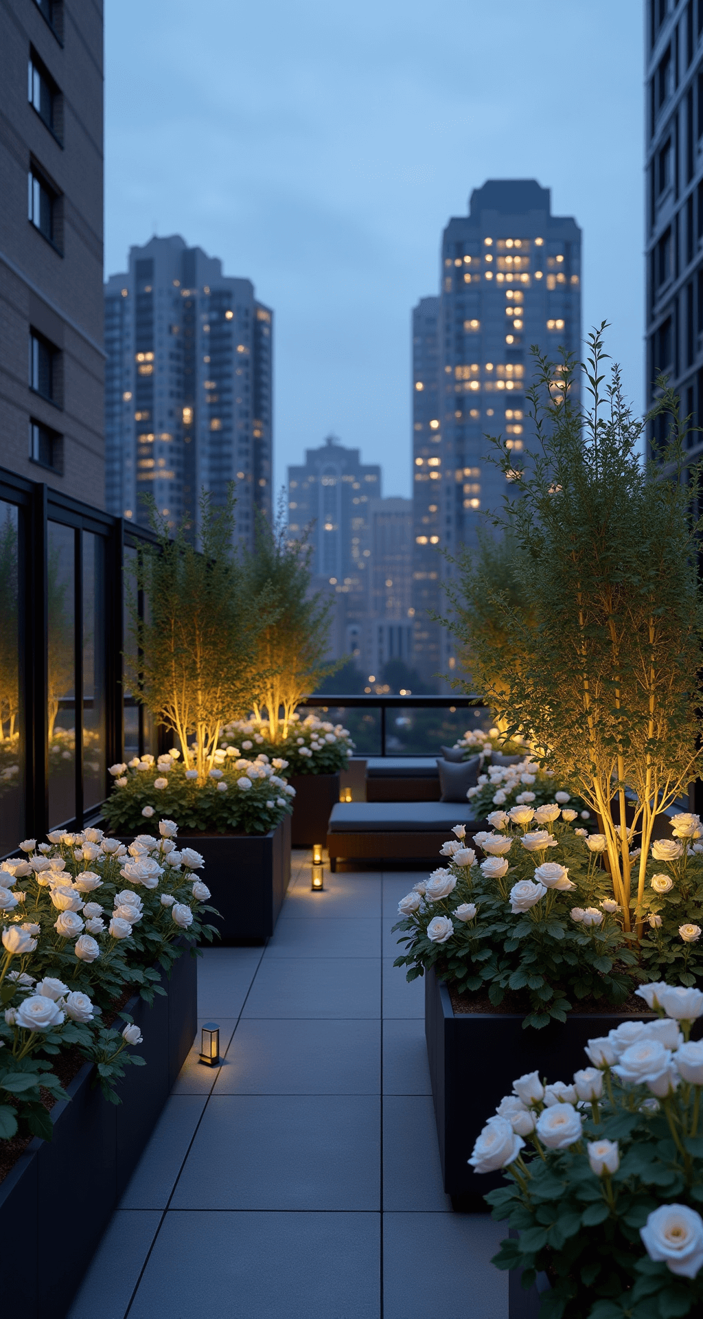 A contemporary rooftop rose garden at blue hour, featuring white 'Iceberg' roses in black planters, LED uplighting on plants, sleek steel and glass windbreaks, and modern charcoal grey lounge furniture, set against a cityscape backdrop with cool tones and warm accents, capturing a sophisticated metropolitan vibe.