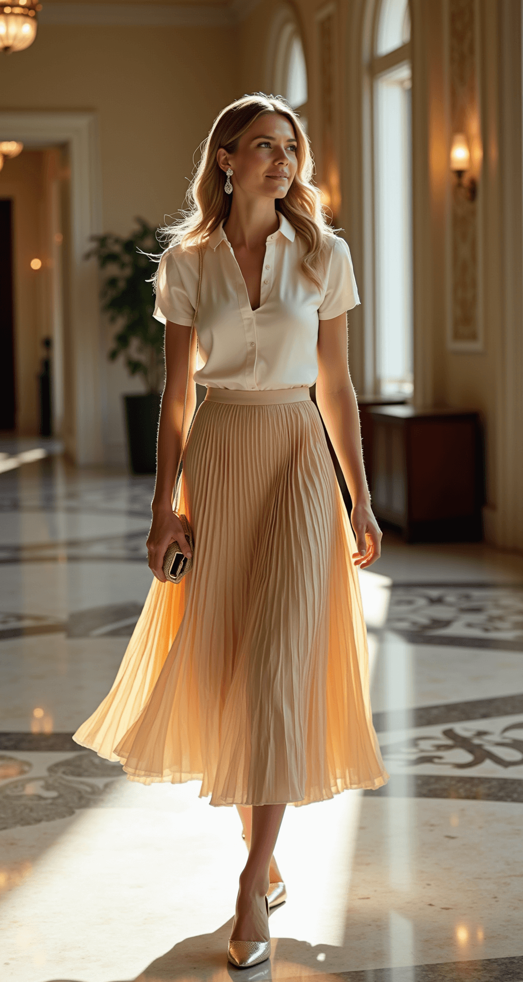 A graduate in a champagne-colored pleated midi skirt and ivory silk blouse poses elegantly in a marble-floored hotel lobby with art deco details, illuminated by late morning light streaming through grand windows.