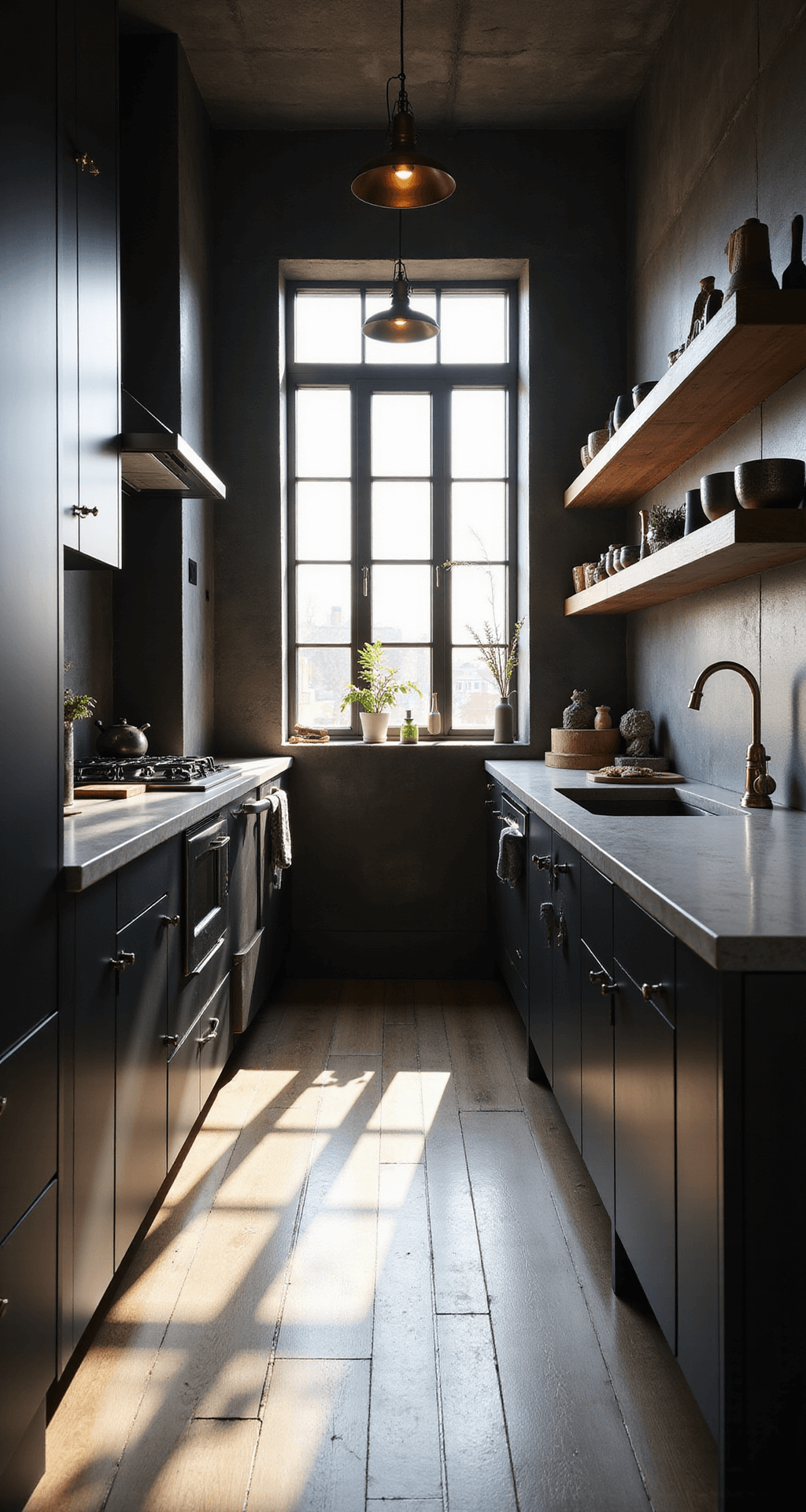 A cozy galley kitchen with Newcastle charcoal cabinets and matte black appliances, featuring concrete countertops and wooden floating shelves illuminated by late afternoon sunlight, creating dramatic shadows and highlighting geometric brass pendant lights.