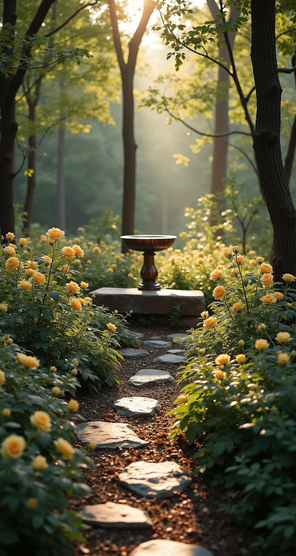 Woodland rose garden featuring yellow 'Graham Thomas' roses, native ferns, and hostas under dappled shade, with rustic log benches, stone pathways, and a copper bird bath, creating a serene and intimate natural sanctuary.