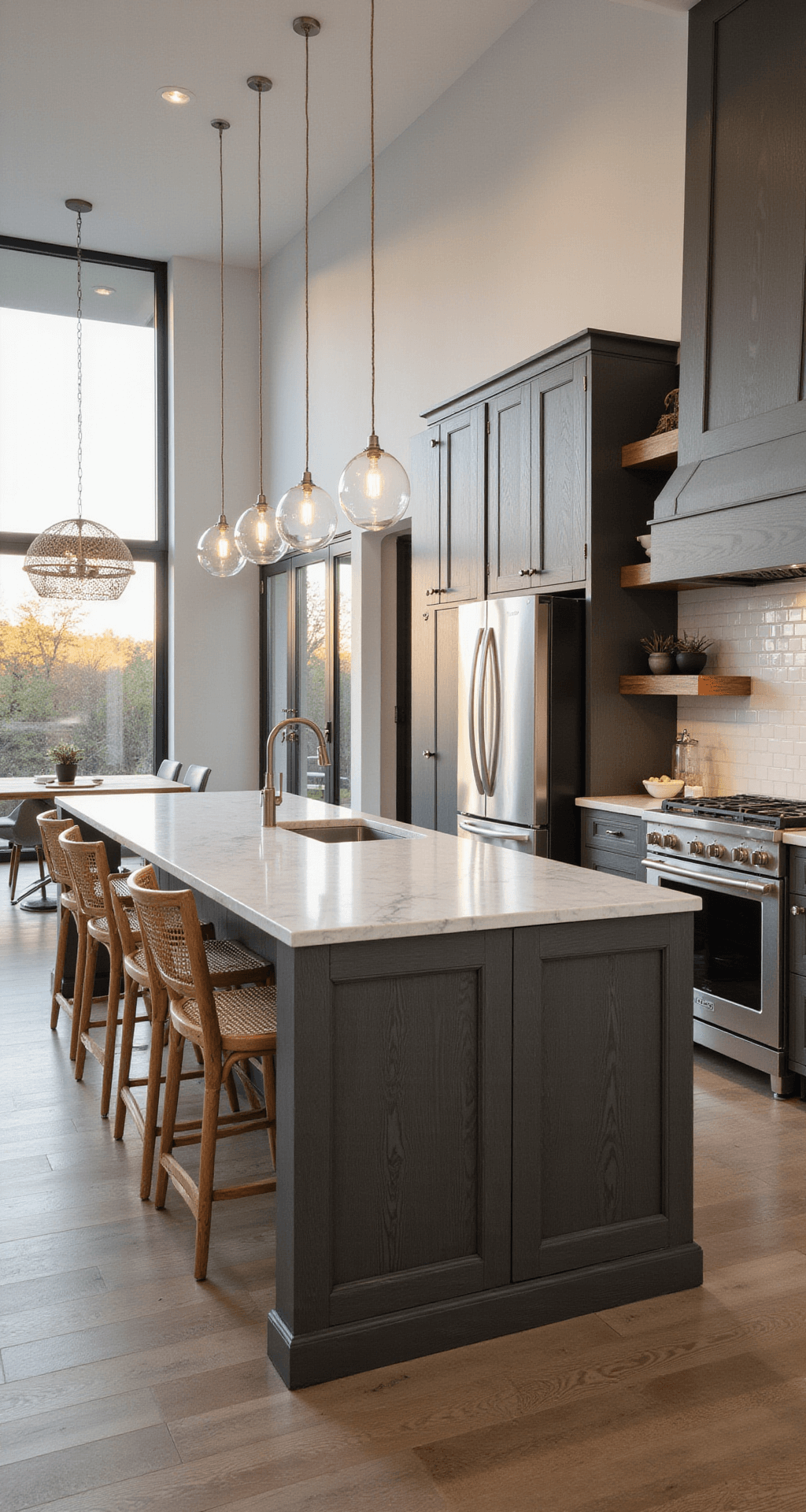 Open-concept kitchen with dark grey Milan Shale cabinets and marble-topped island, featuring double-height windows, textured white subway tile backsplash, stainless steel appliances, and woven pendant lights, captured in golden hour lighting from an elevated angle.