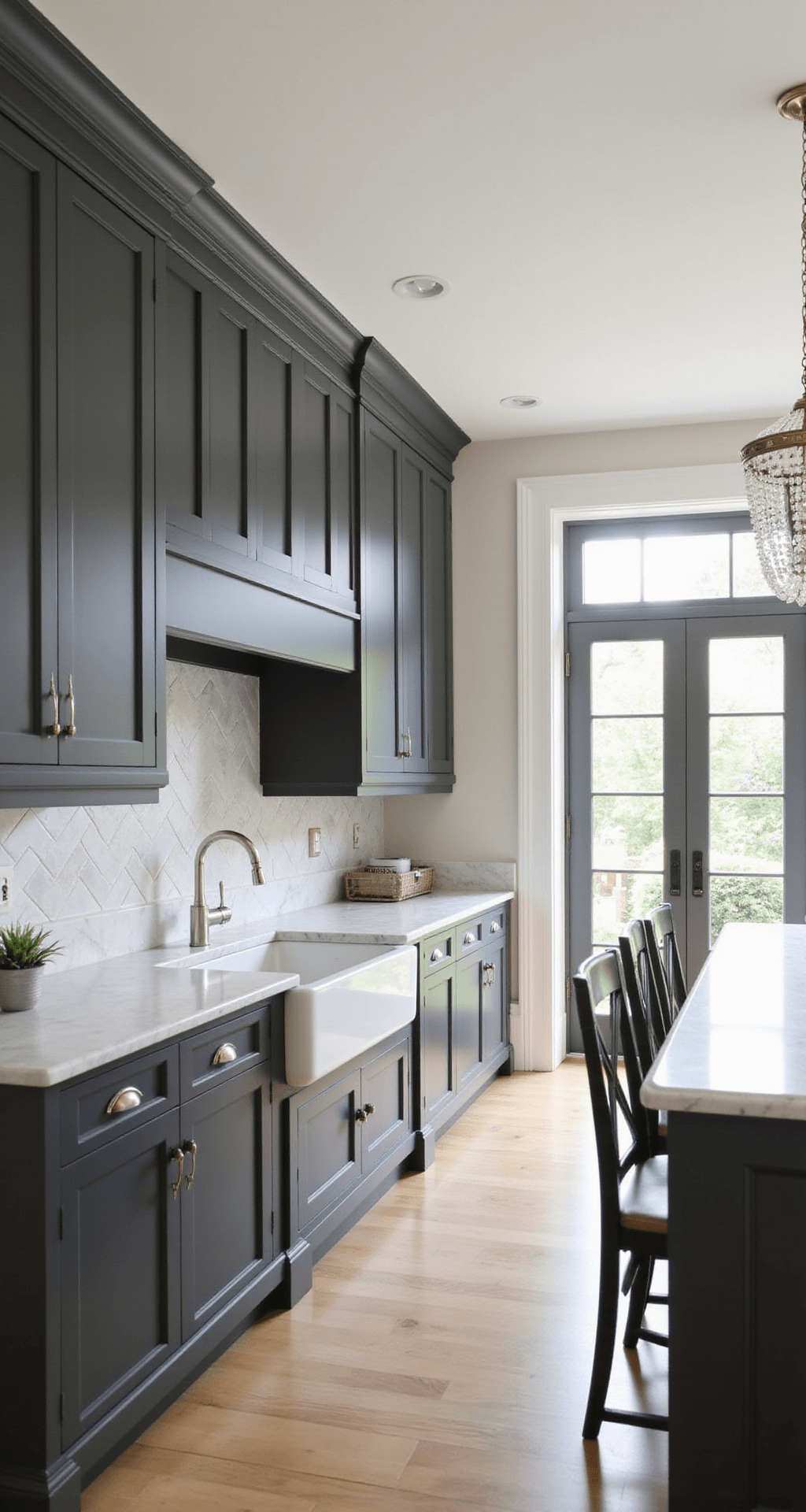 A classic kitchen featuring charcoal grey shaker cabinets, Carrara marble countertops, a white farmhouse sink, and a crystal chandelier, illuminated by soft morning light, with French doors opening to a garden.