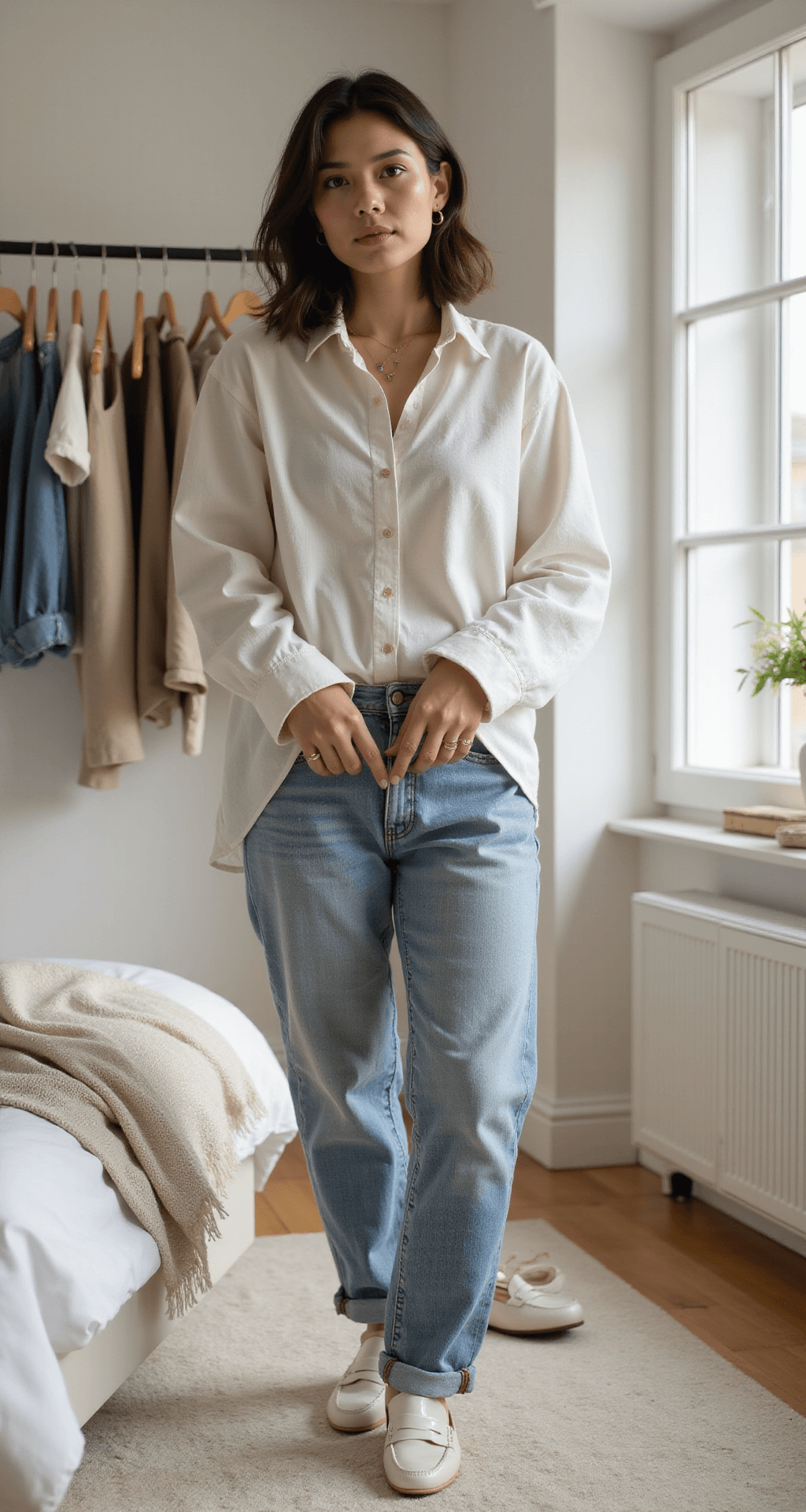 A young woman styles her casual outfit in a sunlit minimalist bedroom, featuring an oversized white linen shirt and high-waisted jeans. She rolls the cuffs of her jeans, with white leather loafers by the bed and a background of natural wooden hangers displaying summer basics. Soft beige and white tones are accented with worn denim blue.