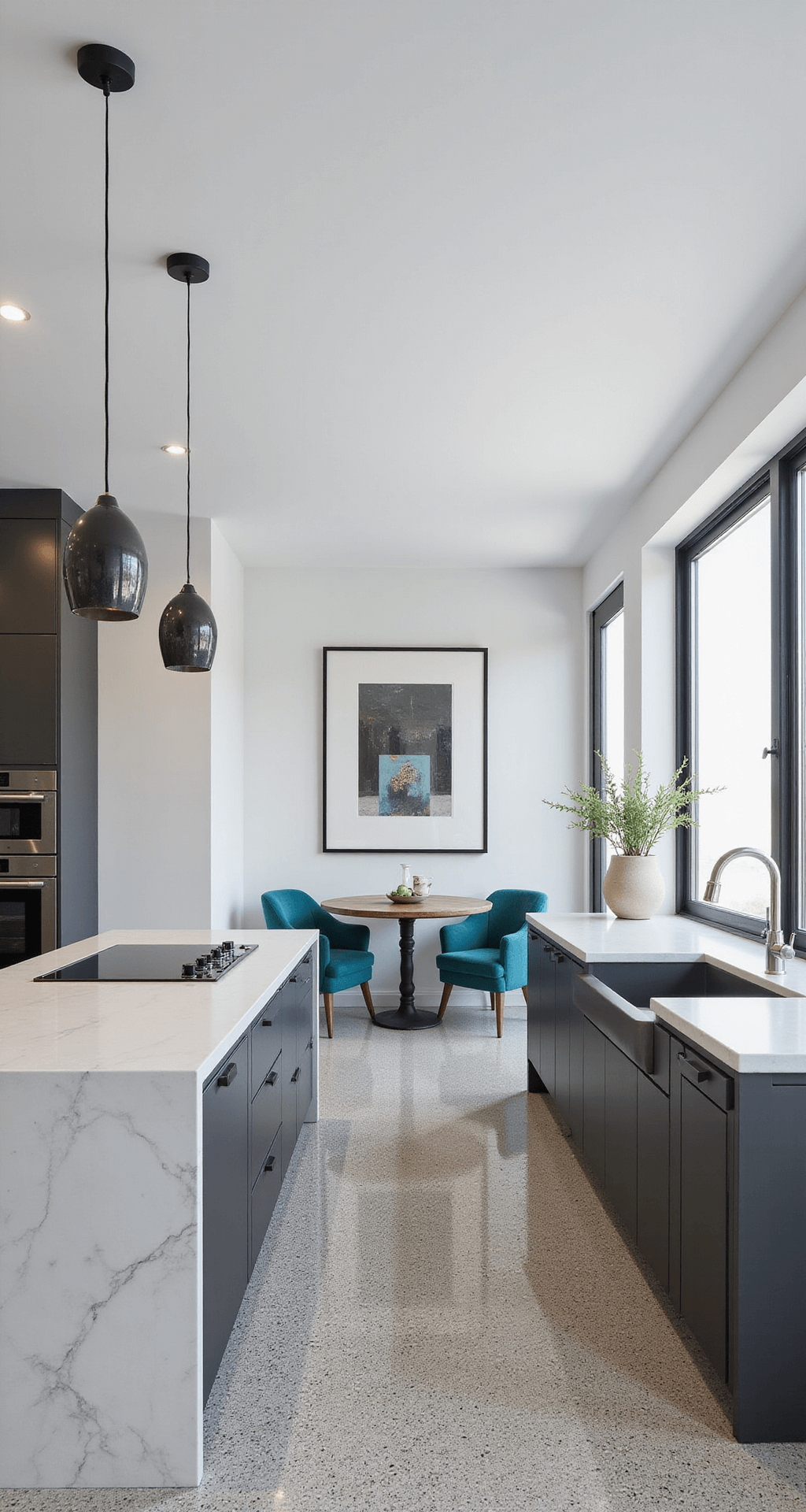 Contemporary kitchen featuring dark grey flat-panel cabinets and pure white walls, with floor-to-ceiling windows, a waterfall quartz island with integrated cooktop, teal accent chairs, and artwork. The space is illuminated by mid-morning light and minimal pendant lights, highlighted by terrazzo flooring and a geometric, architectural design, captured from the entrance with a wide-angle lens.
