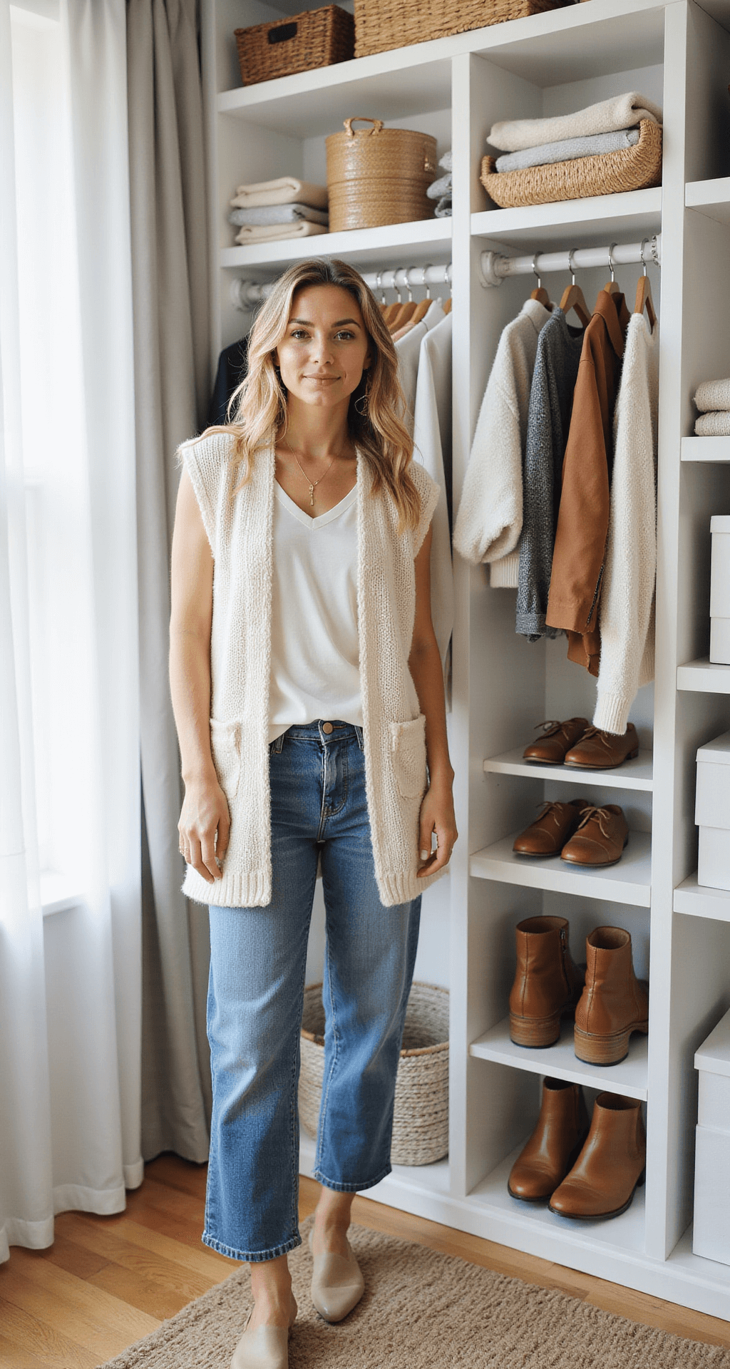 Bright, airy walk-in closet filled with natural light, featuring a person arranging a cream knit vest top, vintage wash jeans, and coordinating accessories. Organized open shelving showcases folded neutral basics and white shoe boxes, with close-up details highlighting ribbed knit, soft denim, and smooth leather textures.