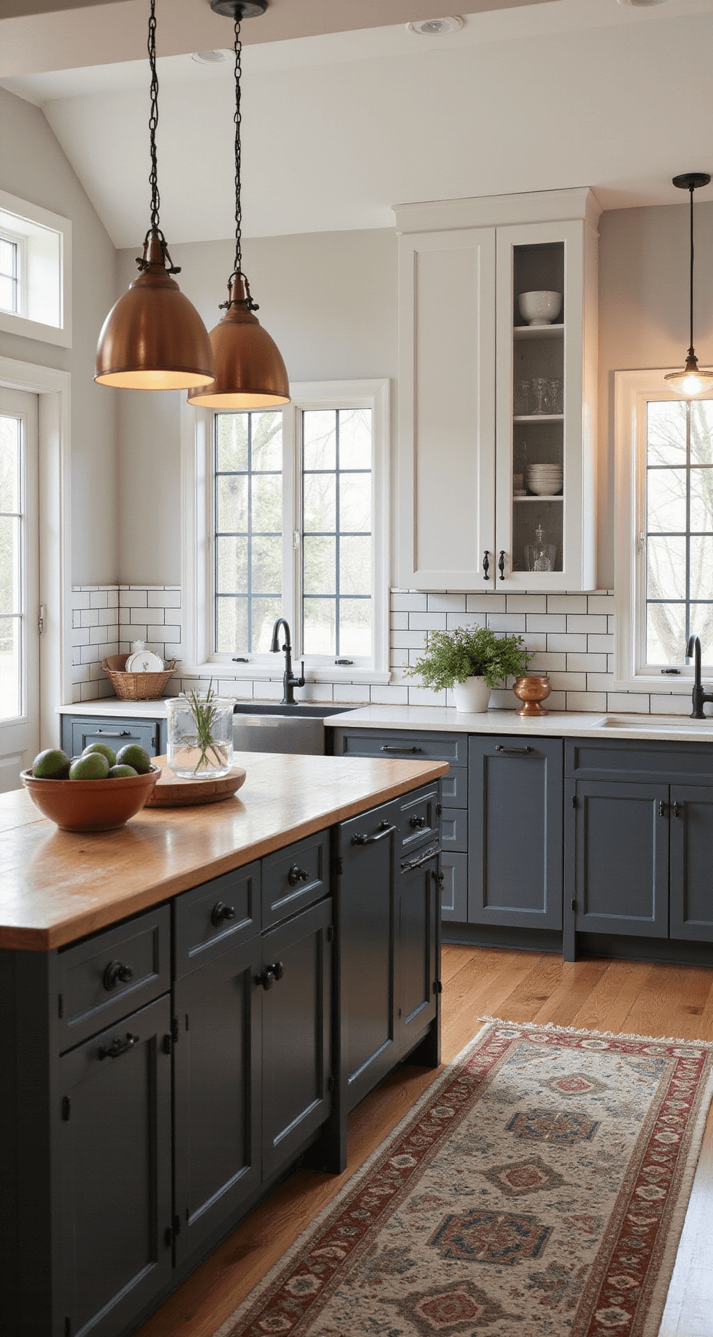 Transitional kitchen featuring a two-tone design with dark grey lower cabinets and white upper cabinets, a subway tile backsplash with dark grout, and a butcher block island top. Copper pendant lights and black hardware create mixed metal accents, while a vintage runner rug adds warmth. The scene is illuminated by late afternoon natural light and warm artificial lighting, showcasing a cozy yet sophisticated atmosphere.