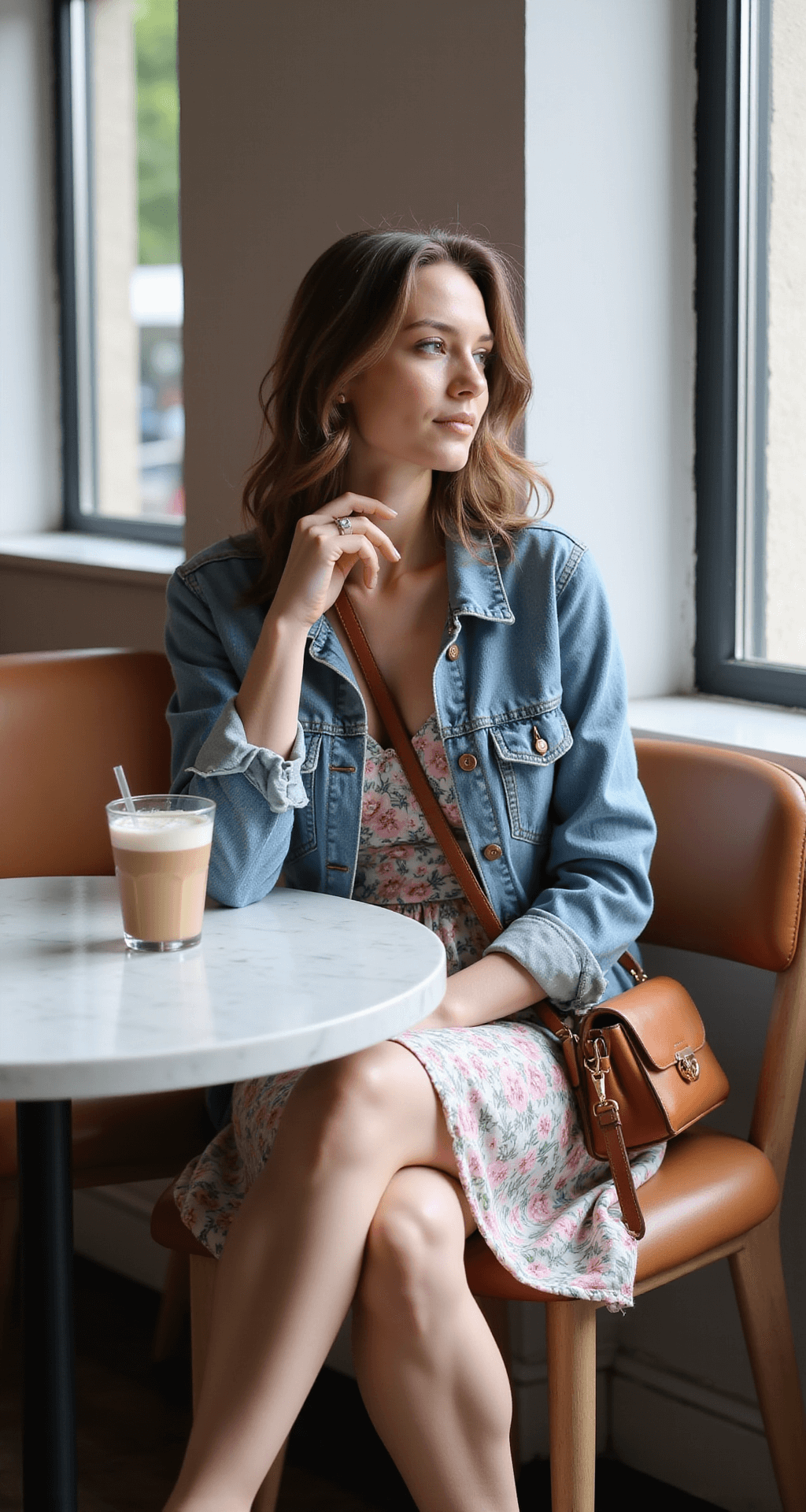 A model in a floral sundress and denim jacket sits at a marble table in a modern cafe, enjoying an iced latte. A leather crossbody bag rests on the chair, with soft pastels of the dress contrasting the vintage denim. The photo captures a candid moment with a shallow depth of field focusing on outfit details.