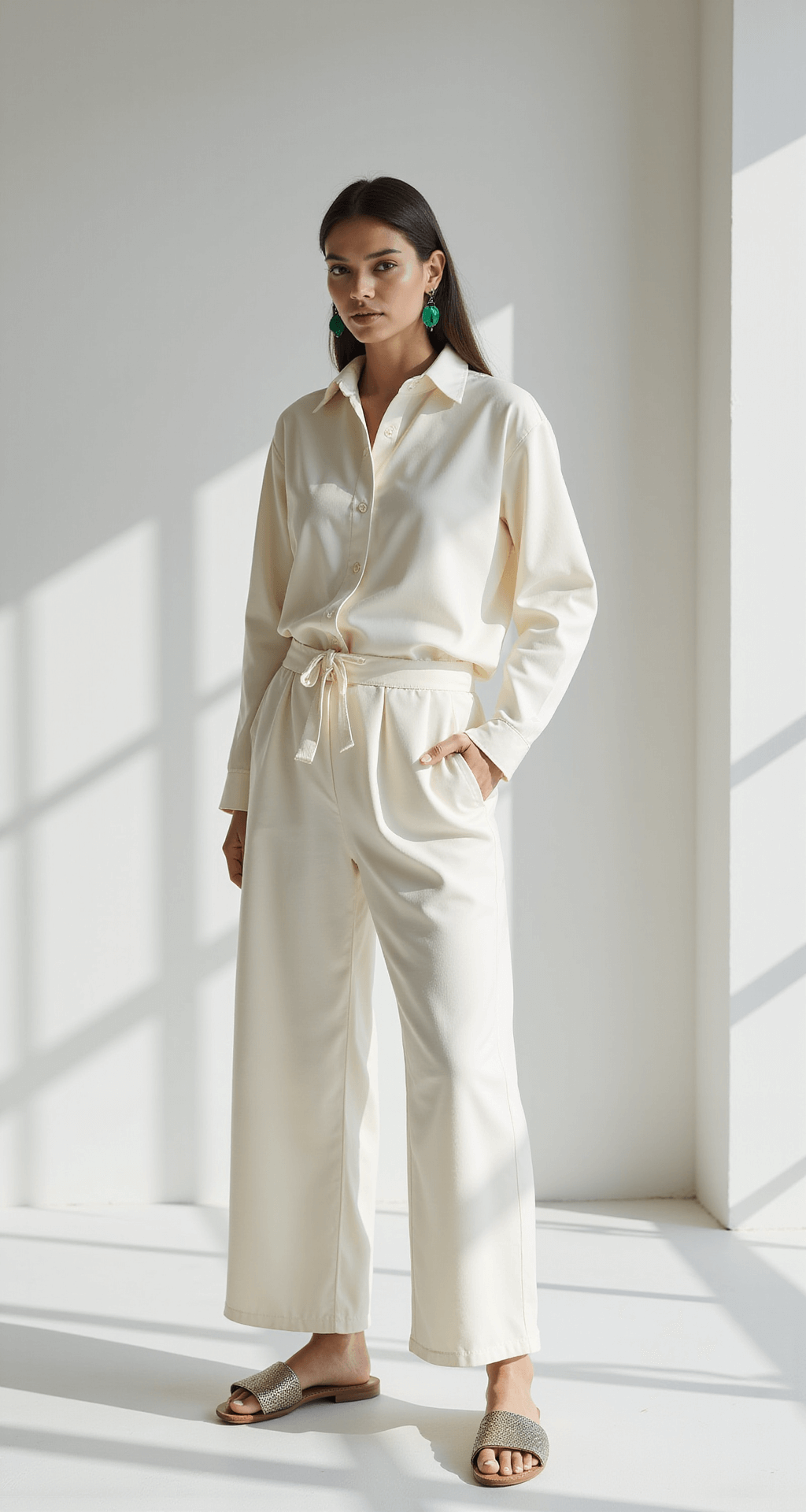 A model poses in a minimalist white studio wearing a monochrome cream wide-leg cotton pants and oversized button-down set, paired with bold emerald statement earrings and metallic slide sandals. Clean shadows create dramatic lines on the floor, highlighting the flowing movement of the pants and the architectural silhouette.