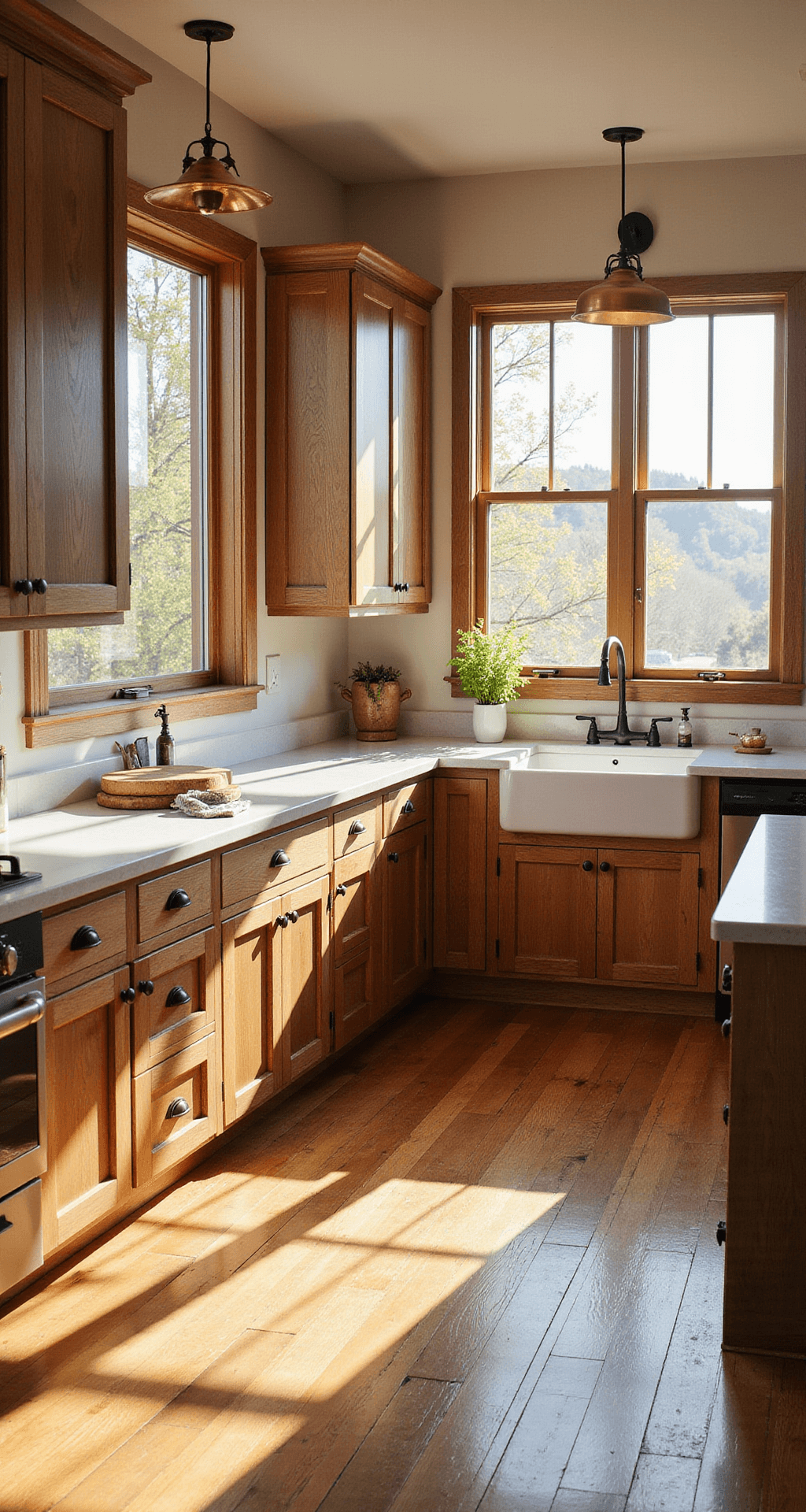 A spacious modern farmhouse kitchen featuring natural hickory cabinets, white quartz countertops, and vintage copper pendant lights, illuminated by warm golden hour sunlight through west-facing windows, with wide-plank oak flooring and a central island, shot from a corner angle.