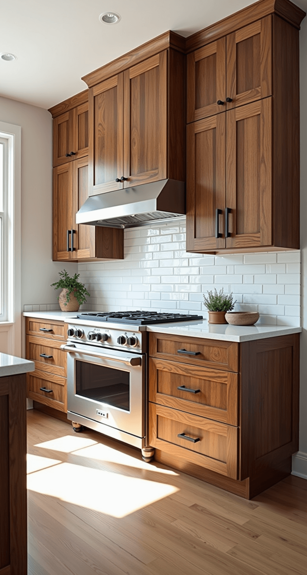 Contemporary kitchen featuring rustic hickory Shaker cabinets with striking wood grain, sleek white marble counters, and matte black pulls, captured in bright midday light to highlight clean lines and natural materials.