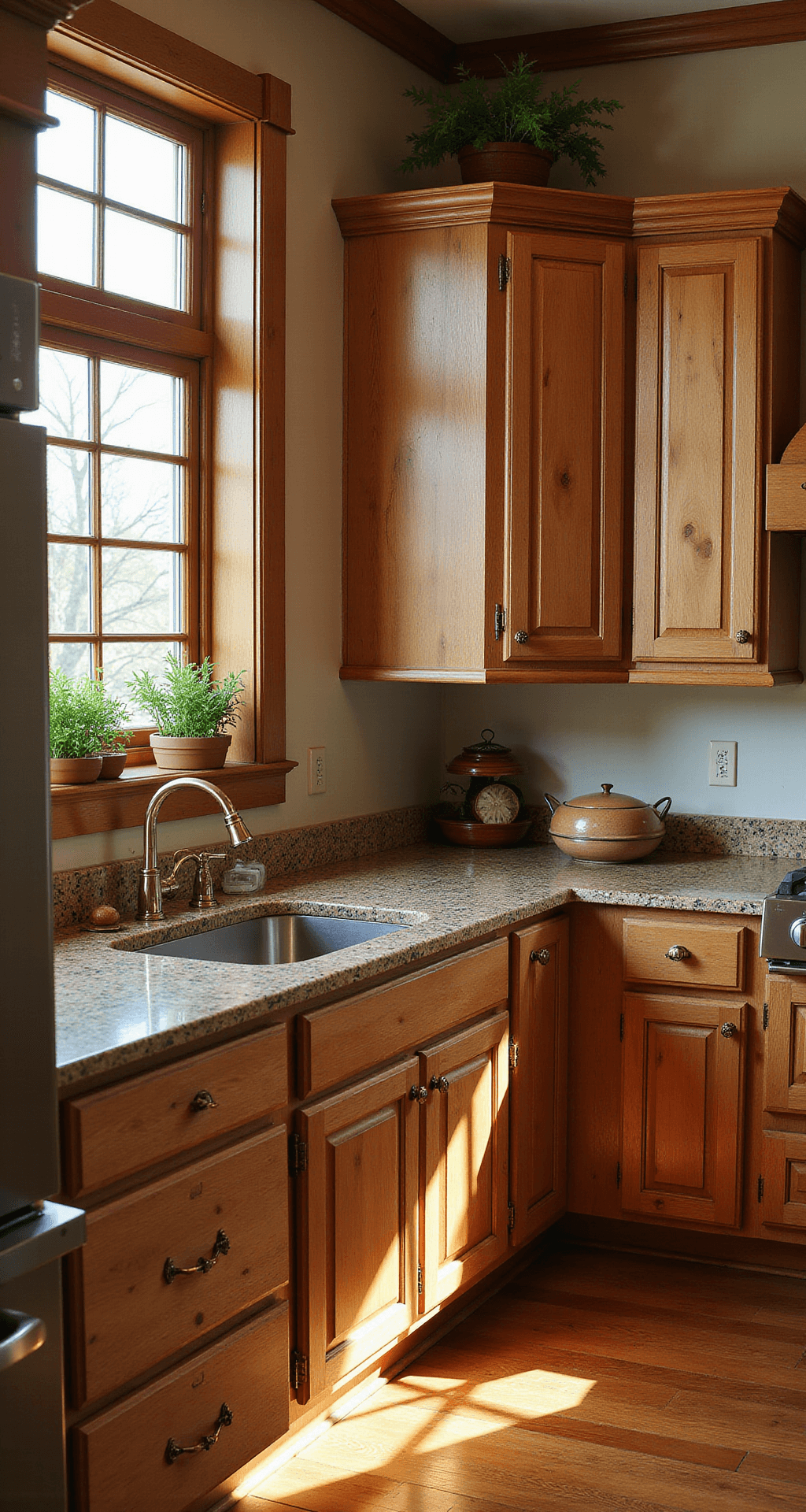 An intimate morning kitchen scene with hickory cabinets, granite countertops, and brass hardware, filled with diffused light from a skylight. Fresh herbs in terracotta pots are arranged on the windowsill, all captured from a low angle to highlight the rustic elegance of the space.