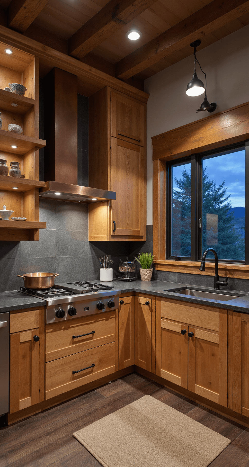 Corner view of a spacious chef's kitchen featuring hickory cabinets, dark stone countertops, and industrial pendant lights, showcasing a professional range and reclaimed wood shelves with pottery, captured at dusk.