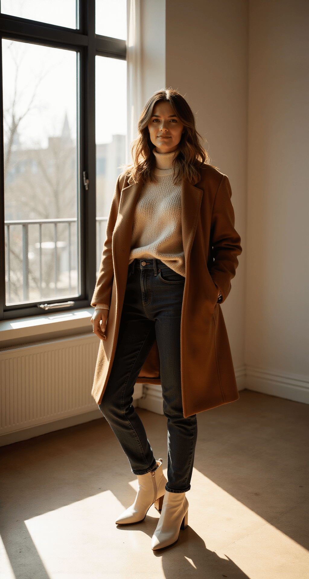 A fashion-forward woman in a sunlit minimalist studio apartment, layering a cream silk turtleneck under a chunky knit camel sweater and a tailored tobacco brown wool coat, styled with dark denim and cream leather ankle boots. The warm golden hour light highlights the textures and neutral color palette.