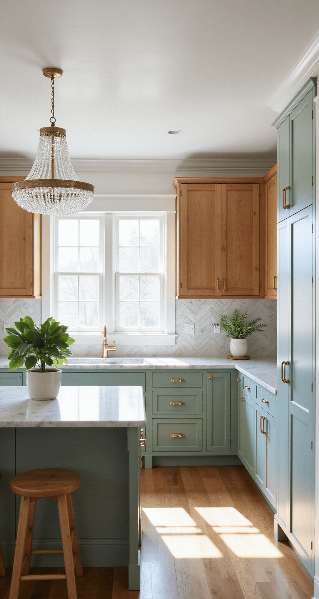 A serene transitional kitchen featuring natural hickory upper cabinets and sage green lower cabinets, accented by a herringbone marble backsplash and a crystal chandelier over a marble-topped island, all bathed in morning light with a potted fiddle leaf fig adding a touch of nature.