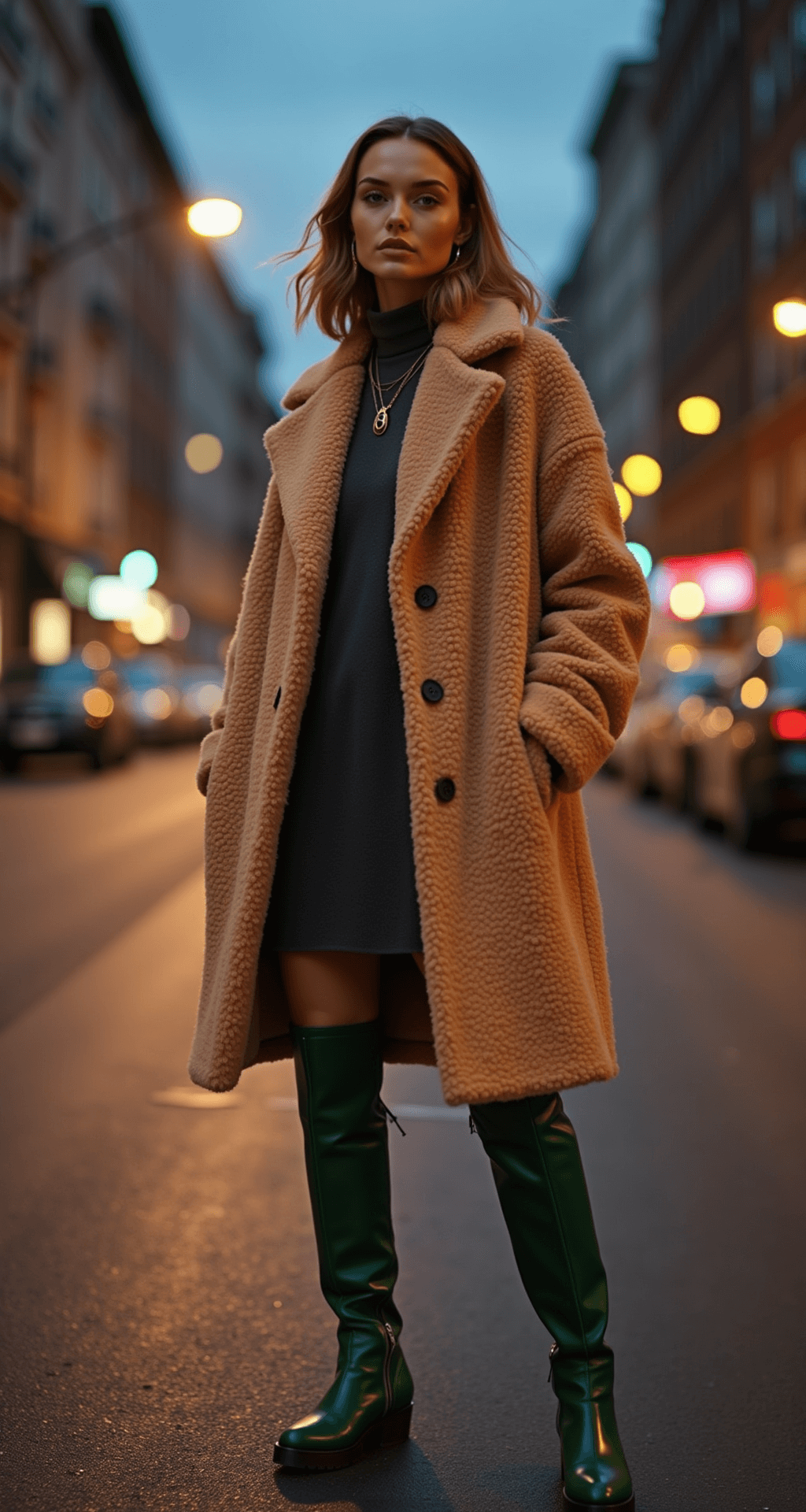 A model stands on an urban street corner at dusk, wearing an oversized caramel teddy coat over a charcoal cashmere sweater dress, paired with knee-high emerald green leather boots. Gold jewelry shines in the warm glow of streetlights, capturing the cozy, moody winter atmosphere.