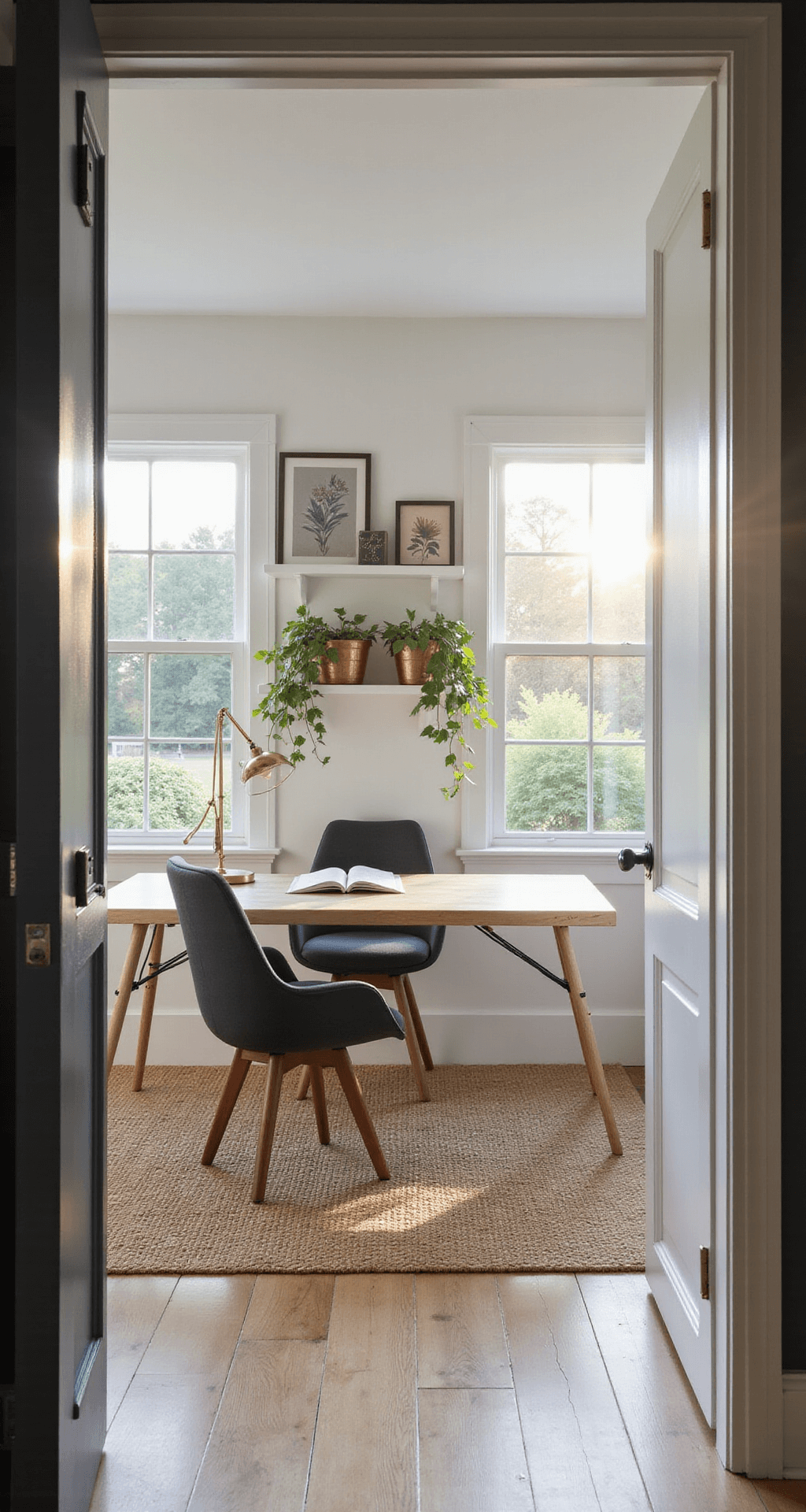 A serene home office in a converted garden shed, featuring golden hour light streaming through large windows, a minimalist bleached oak desk, vintage brass lamp, botanical prints, and built-in shelving with ivy planters, all set on light wooden flooring with a jute rug.