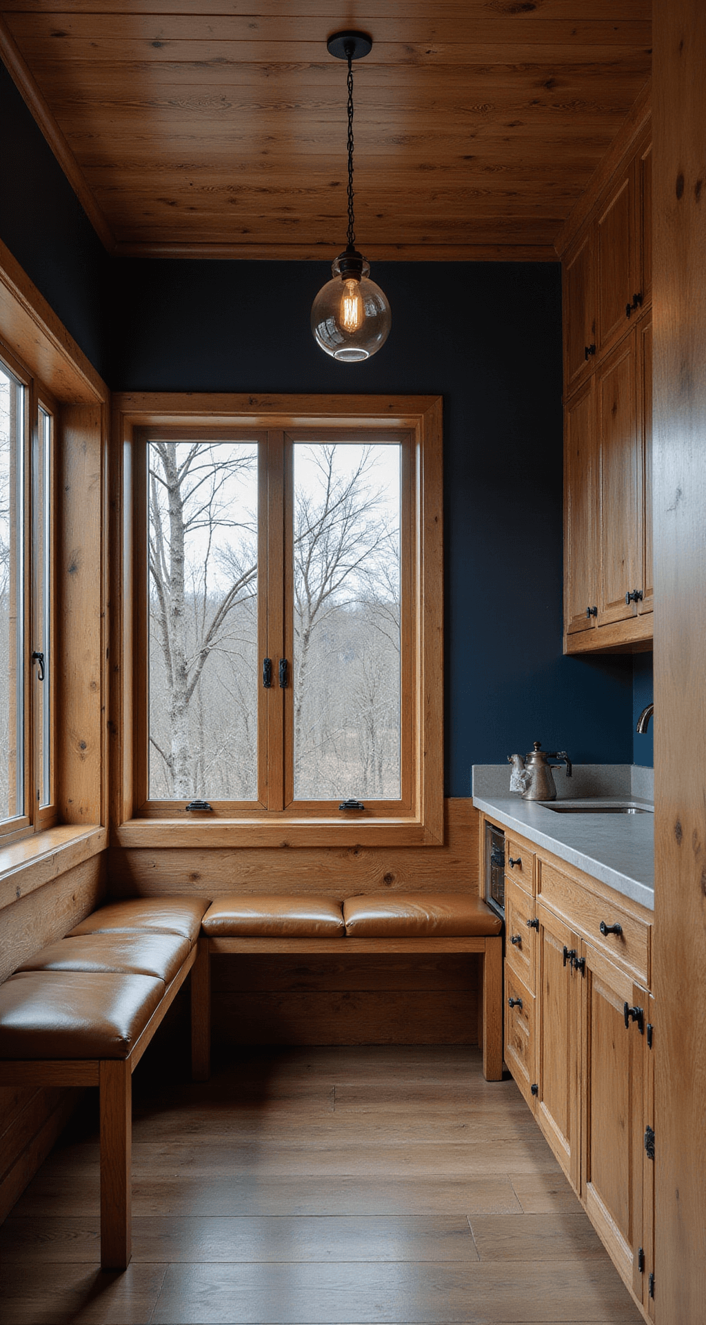 Cozy breakfast nook with rustic hickory cabinets and built-in bench seating, featuring leather cushions, concrete countertops, a navy accent wall, and an iron and glass pendant light, captured from a corner perspective in moody lighting.
