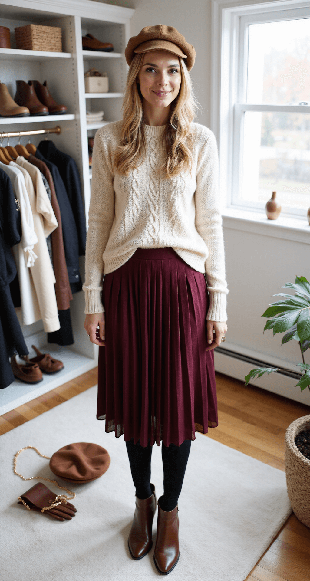 Bright, airy walk-in closet showcasing an organized winter midi outfit styling process, featuring a pleated burgundy wool skirt, black ribbed tights, cream cable-knit sweater, and chocolate brown leather knee boots, alongside neutral accessories like a camel beret, leather gloves, and gold-chain bag, captured from a 45-degree angle with natural window lighting.