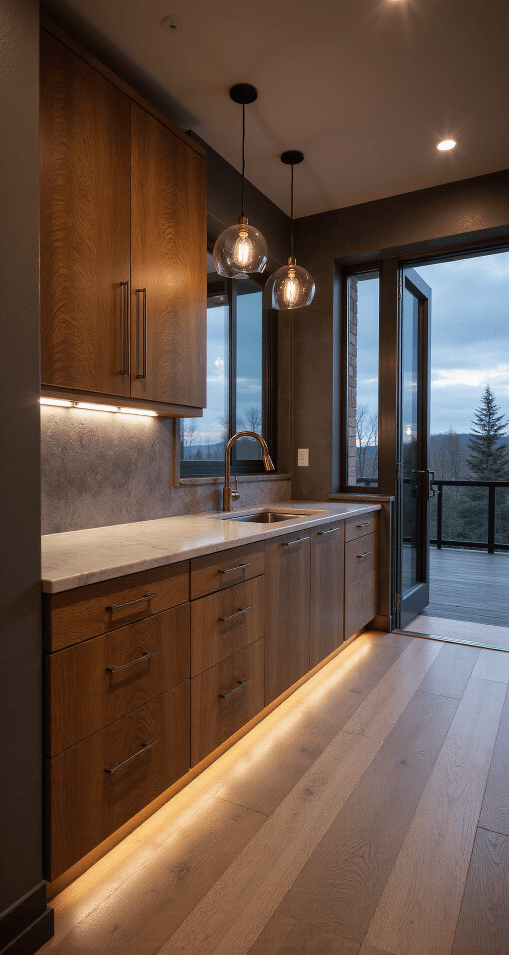 A dramatic twilight shot of a luxe contemporary open-concept kitchen featuring premium hickory cabinets with rich grain patterns, a waterfall quartz island, modern glass pendant lights, mixed metal fixtures in brass and black, and wide plank white oak floors, captured from the entrance to emphasize flow and lighting.