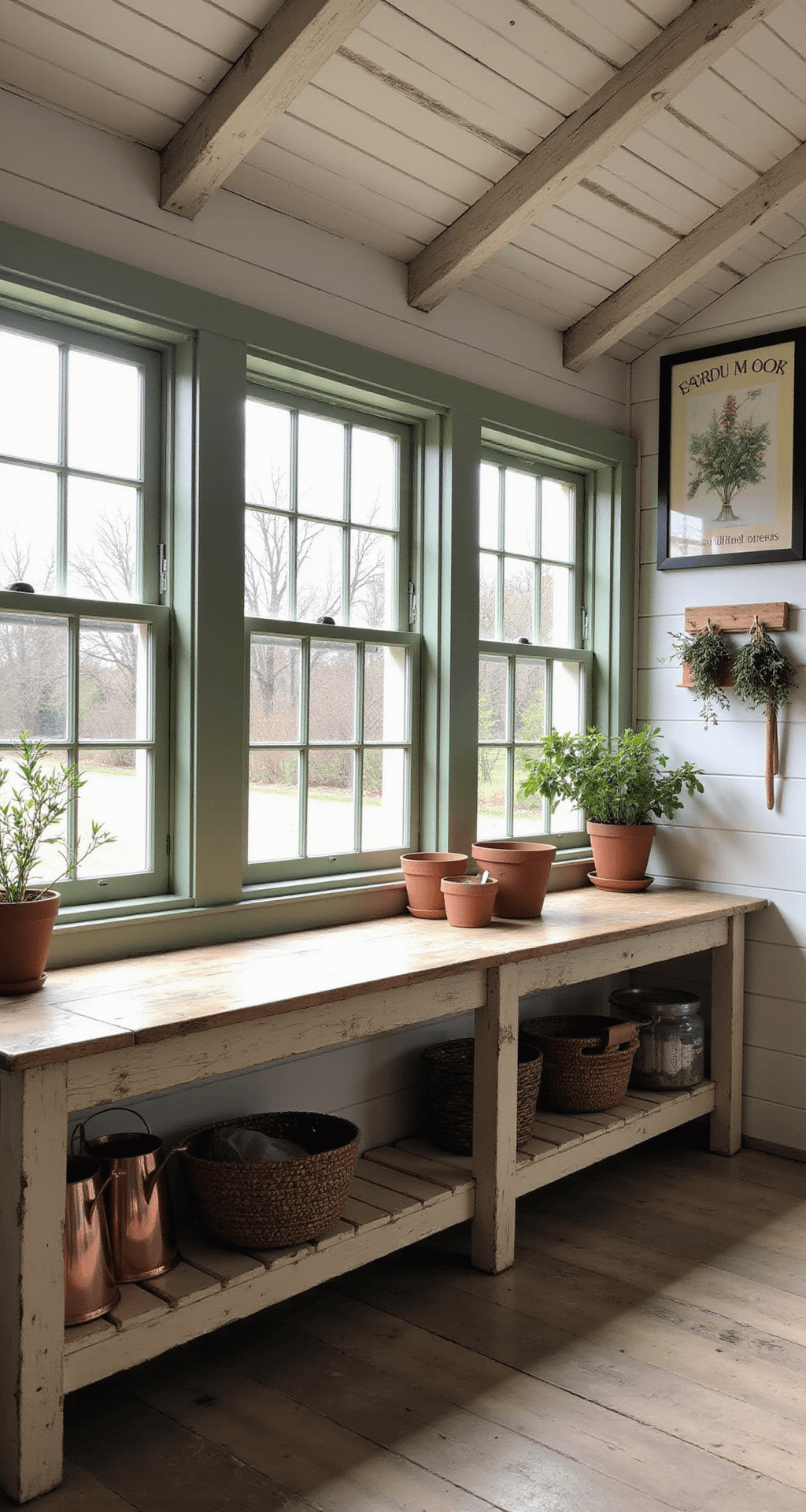 Interior of a spacious 8x10ft potting shed with sage green exterior visible through multi-pane windows, featuring a distressed wooden potting bench, terracotta pots, hanging dried herbs, and vintage gardening prints, all illuminated by soft morning light.