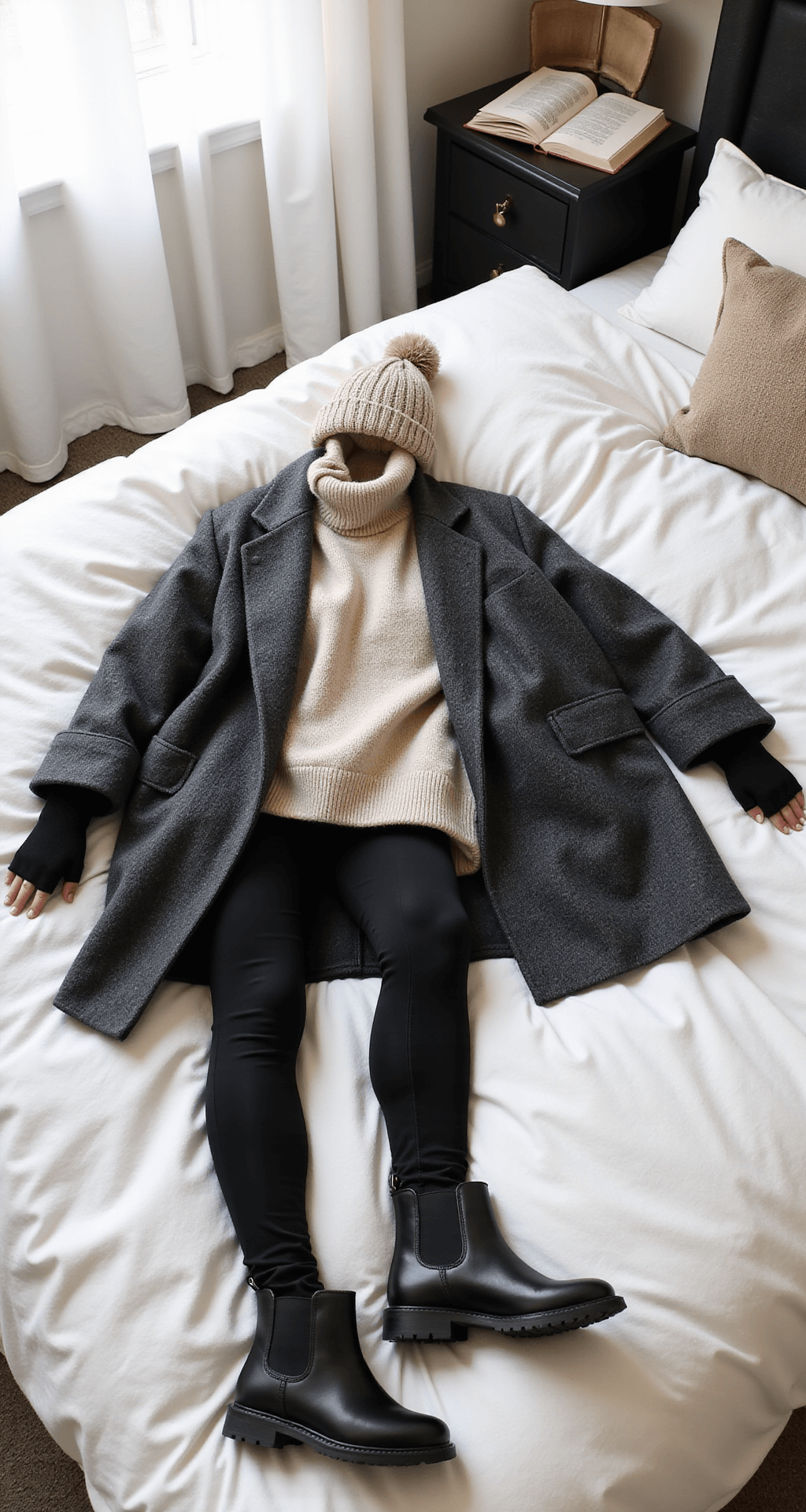Cozy bedroom corner featuring a reading nook bathed in morning light, with a casual chic winter outfit laid flat on plush white bedding, including black leggings, an oversized oatmeal cashmere sweater, a charcoal wool coat, and black leather Chelsea boots, accompanied by a chunky knit beanie and fingerless gloves, all captured in soft, diffused lighting.