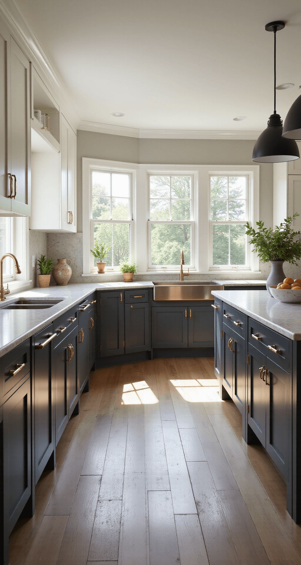 A contemporary kitchen featuring deep charcoal gray lower cabinets and white upper cabinets, with a quartz waterfall island and brushed gold hardware, illuminated by morning light through floor-to-ceiling windows, styled with artisanal ceramics, fresh herbs in copper planters, and a marble fruit bowl on wide plank white oak flooring.