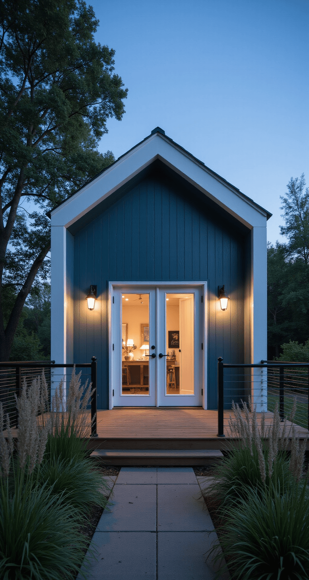 A modern artist's studio shed with teal board-and-batten siding and white trim, featuring floor-to-ceiling windows and French doors flanked by black sconces. The floating deck has minimalist railings and is surrounded by native grasses and ornamental trees, captured during blue hour with subtle landscape lighting for a moody, artistic atmosphere.