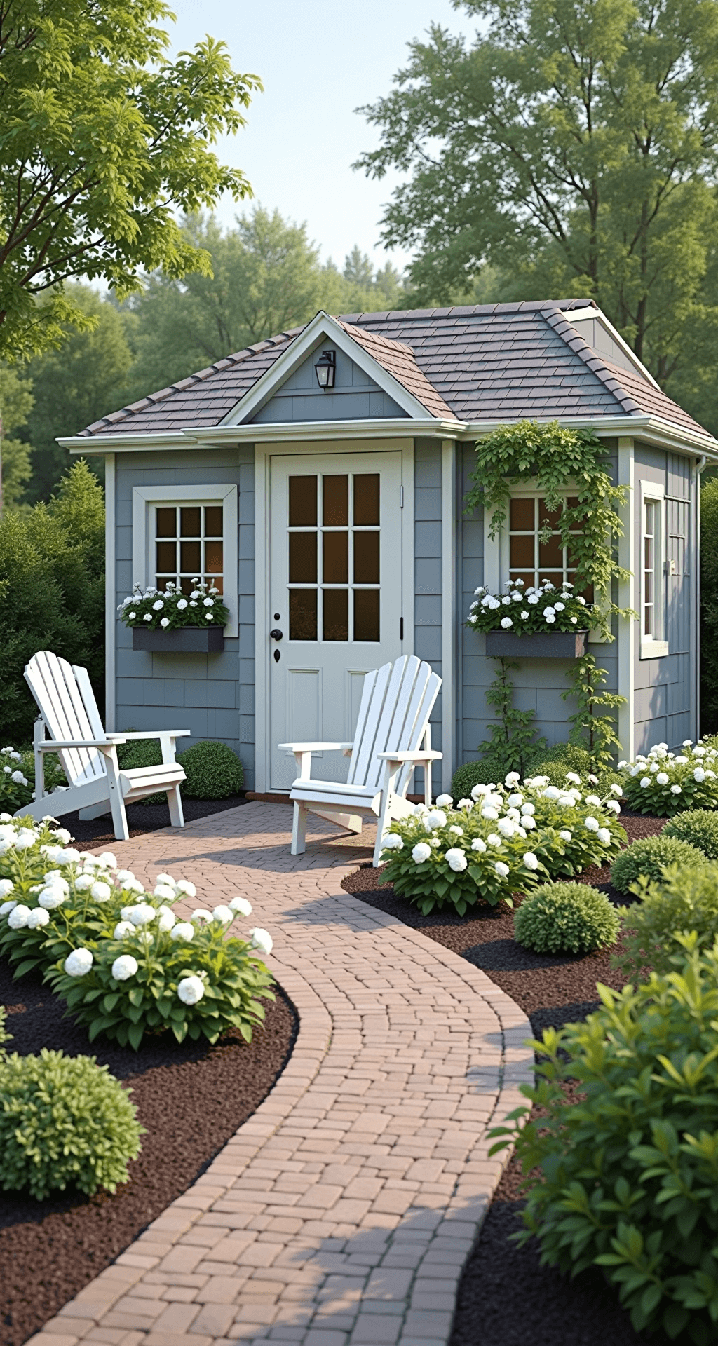 Coastal-inspired shed with gray-blue siding, white trim, and petunia-filled window boxes, framed by climbing hydrangeas and a curved brick pathway leading to a Dutch door, featuring Adirondack chairs in white, all set in bright morning light.