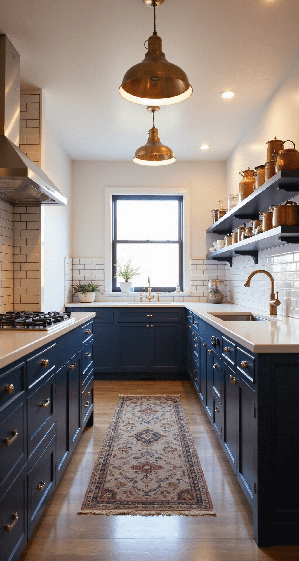 Intimate galley kitchen with navy blue base cabinets and white upper cabinets, illuminated by brass pendant lights during golden hour, featuring a white subway tile backsplash, dark grout, vintage rug, and copper cookware on open shelving.