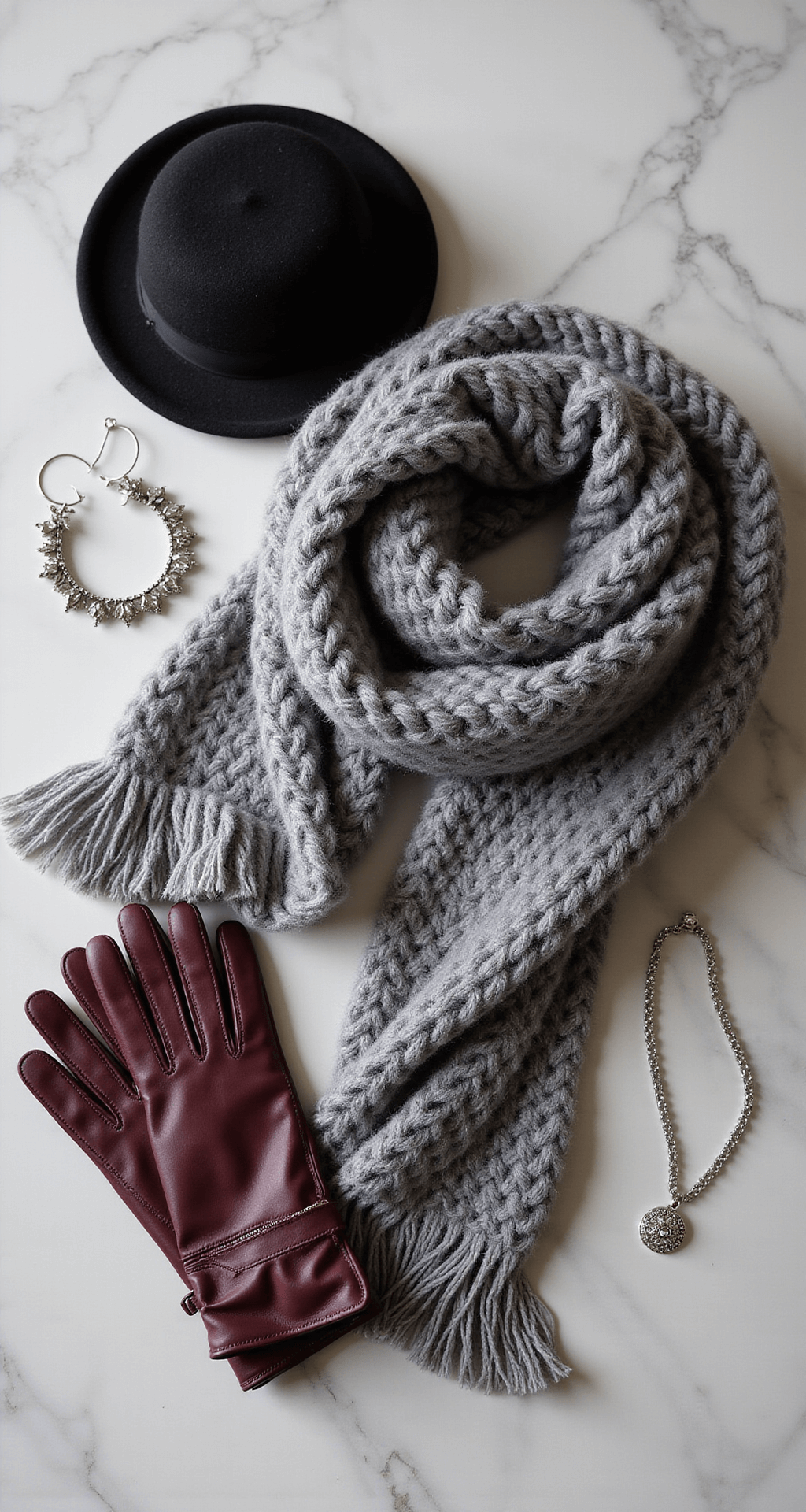 Fashion boutique interior featuring winter accessories on a white marble surface, including a chunky knit scarf, burgundy leather gloves, a black wool beret, and silver jewelry, with professional studio lighting emphasizing textures and details.