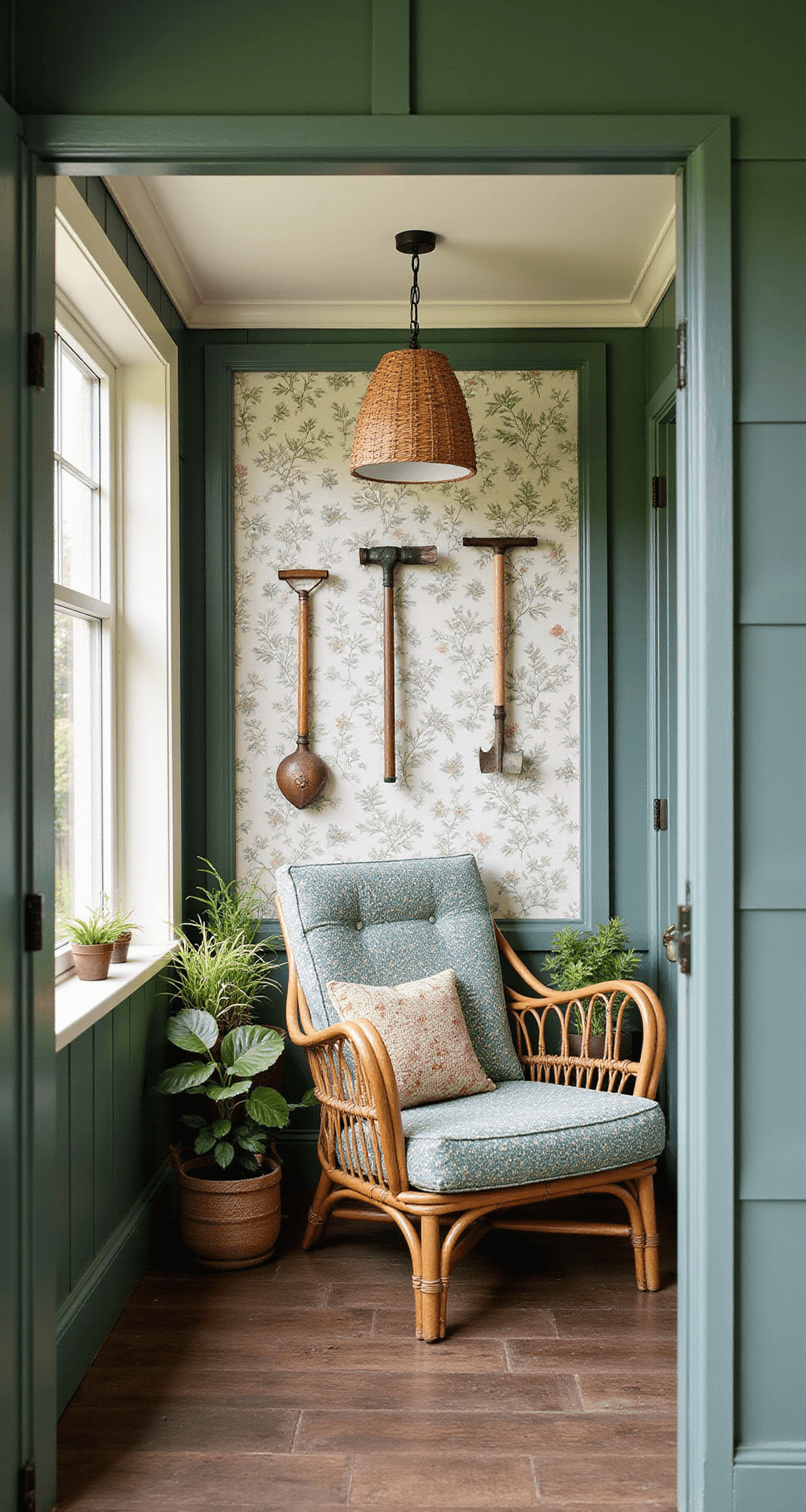 Interior of a garden room shed featuring a cozy reading nook with forest green exterior and cream trim visible through the windows. Rattan furniture, botanical wallpaper, vintage garden tools as wall art, and potted ferns and monstera create a warm atmosphere, softly lit by natural light.
