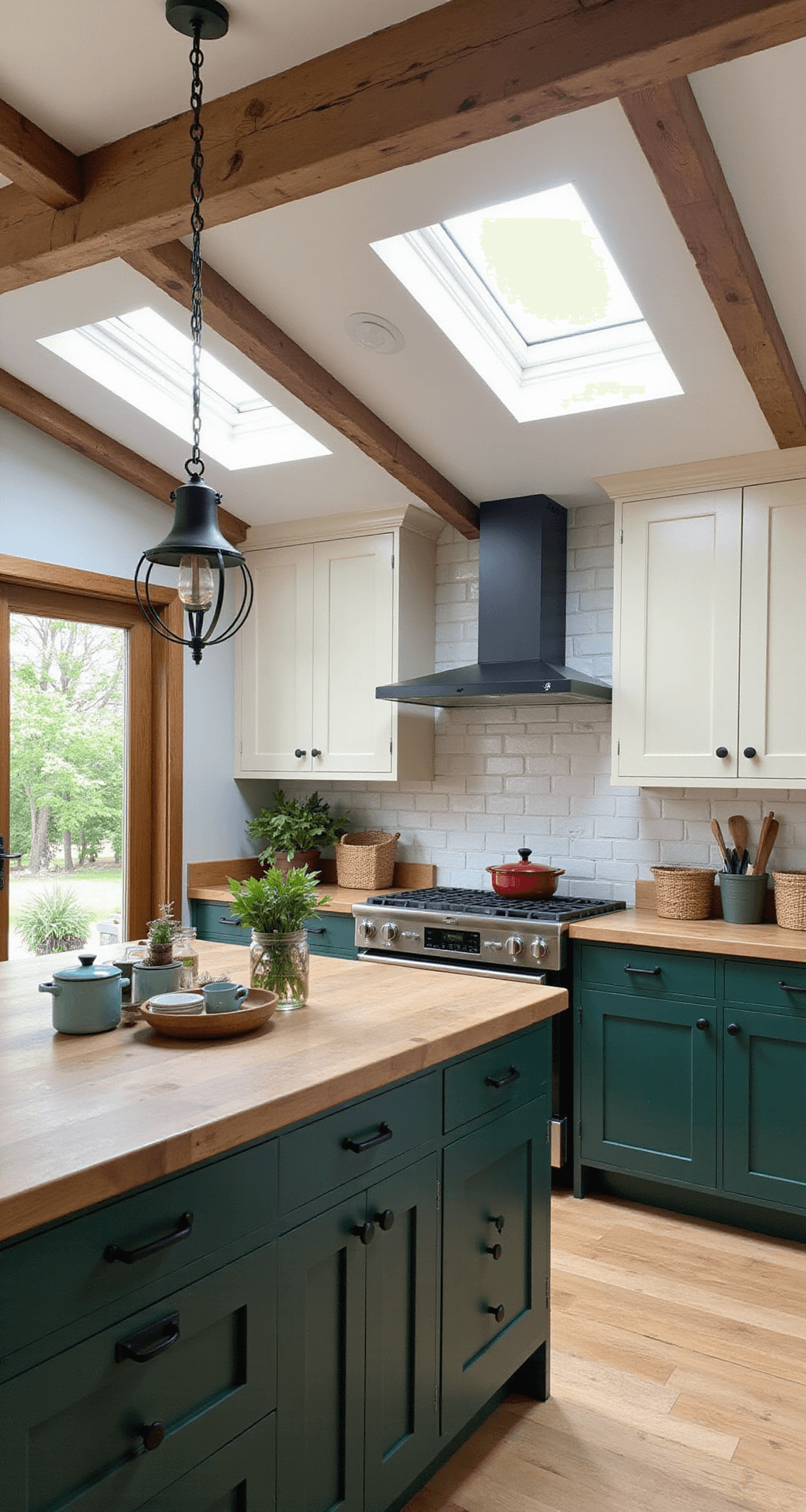 Aerial view of a modern farmhouse kitchen featuring forest green lower cabinets and cream upper cabinets, with exposed wooden beams and a shiplap ceiling. A large butcher block island dominates the space, illuminated by natural light from skylights. Rustic elements include a vintage enamelware collection, potted herbs, and woven baskets, complemented by matte black hardware.