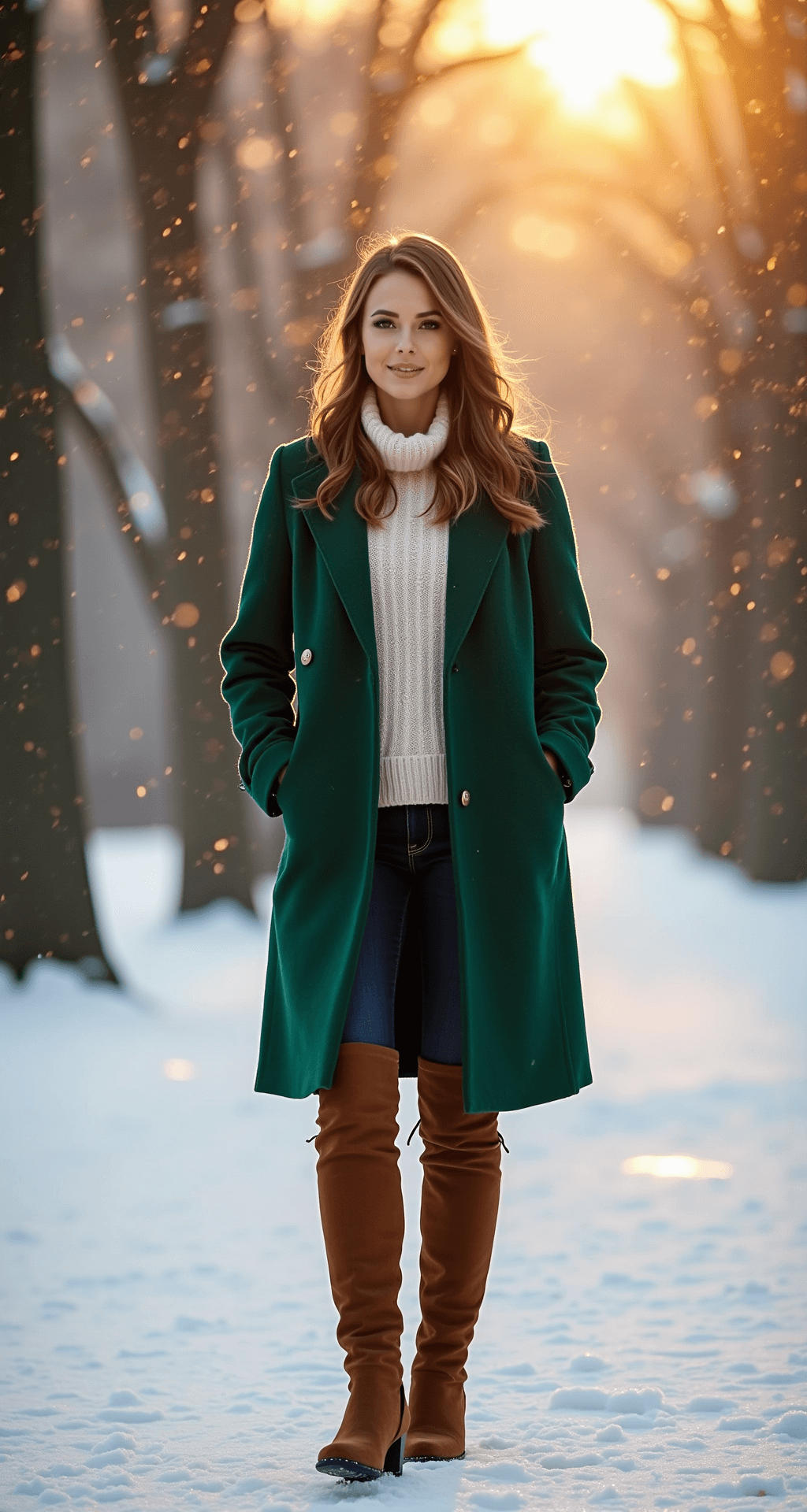 A full-length portrait of a model in a jewel-toned emerald wool coat, cream turtleneck, dark skinny jeans, and rich brown suede over-the-knee boots, set against a snow-covered city park at golden hour with sparkly highlights on fresh snow, captured from a slight low angle to emphasize elegance in a magical winter atmosphere.