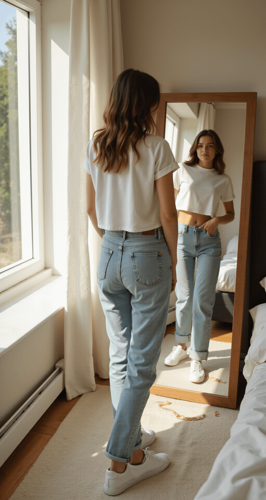 A young woman styles her casual outfit in a sunlit minimalist bedroom, wearing light-wash high-waisted mom jeans and an oversized white crop tee, with clean white sneakers nearby and a gold chain necklace on her vanity, captured from a three-quarter angle.