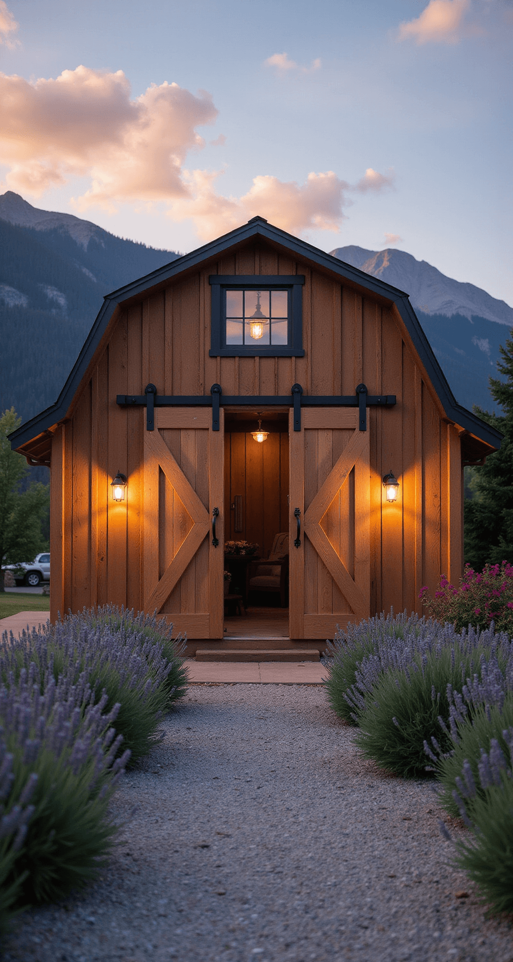 Modern farmhouse shed with warm brown board-and-batten siding and a black metal roof, featuring oversized barn doors, industrial sconces, and a gravel path lined with lavender, set against a mountain landscape at sunset, highlighting its rustic-modern fusion.