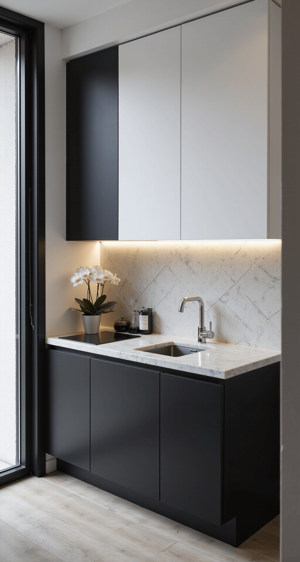 Compact urban kitchen featuring matte black lower cabinets and glossy white upper cabinets, accented by slim marble countertops and a geometric tile backsplash. The scene is illuminated by afternoon light with under-cabinet LED lighting, showcasing sleek appliances and a single orchid plant. The perspective is from the doorway at a slight downward angle, highlighting glass and chrome accents throughout the space.