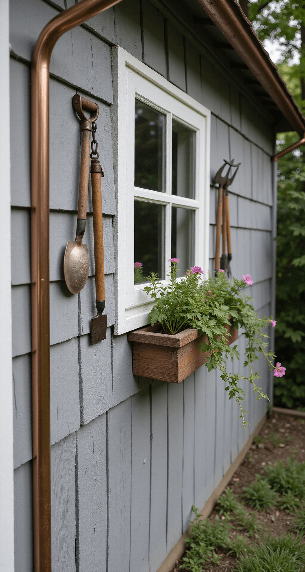 Detail shot of a weathered wooden tool shed corner featuring a copper rain chain, window box with trailing vines and blooms, and vintage garden tools on the wall, captured in morning light with a macro lens highlighting texture.