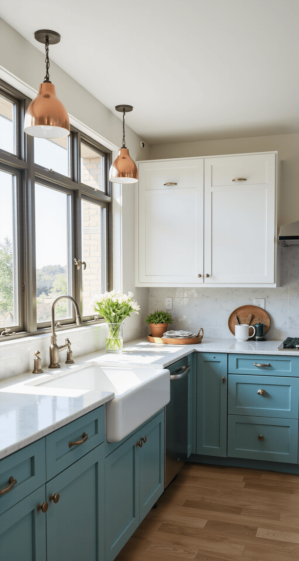 Sun-drenched transitional kitchen featuring teal base cabinets, soft white upper cabinets, marble countertops with subtle veining, pendant lights, and decorative accents like copper and brass, along with fresh flowers and vintage-inspired appliances.