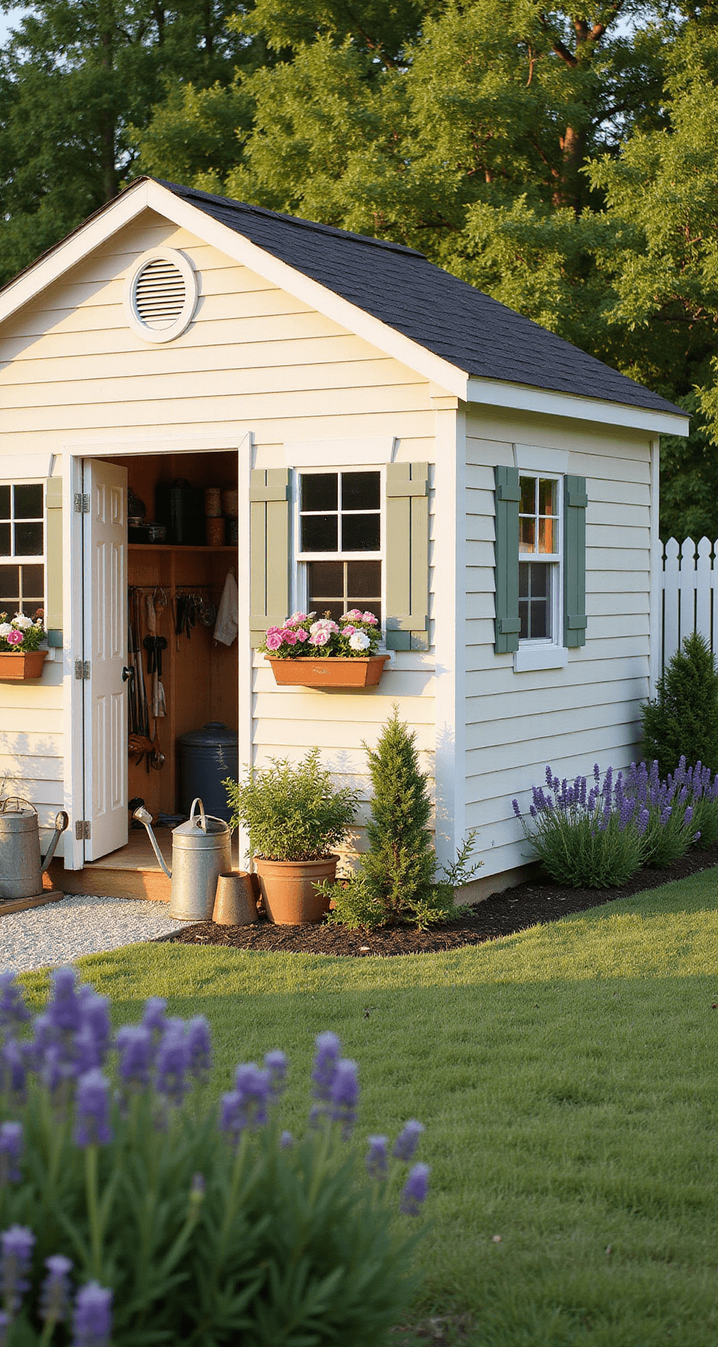 A sunlit white garden shed with scalloped trim, sage green shutters, and overflowing window boxes filled with pink petunias in a peaceful country garden, surrounded by a white picket fence and climbing roses, with lavender bushes lining a gravel pathway, all captured during golden hour.