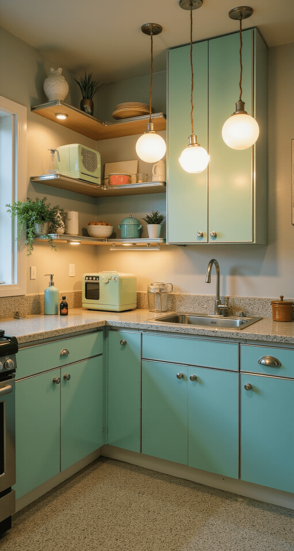 A cozy retro-inspired kitchen featuring mint green lower cabinets and cream upper cabinets, accented with chrome hardware. The original terrazzo floor reflects ambient lighting from vintage-style globe pendants. Open shelving displays pastel kitchenware, while retro small appliances in coordinating colors add charm, all bathed in the soft glow of dusk with subtle neon accents.
