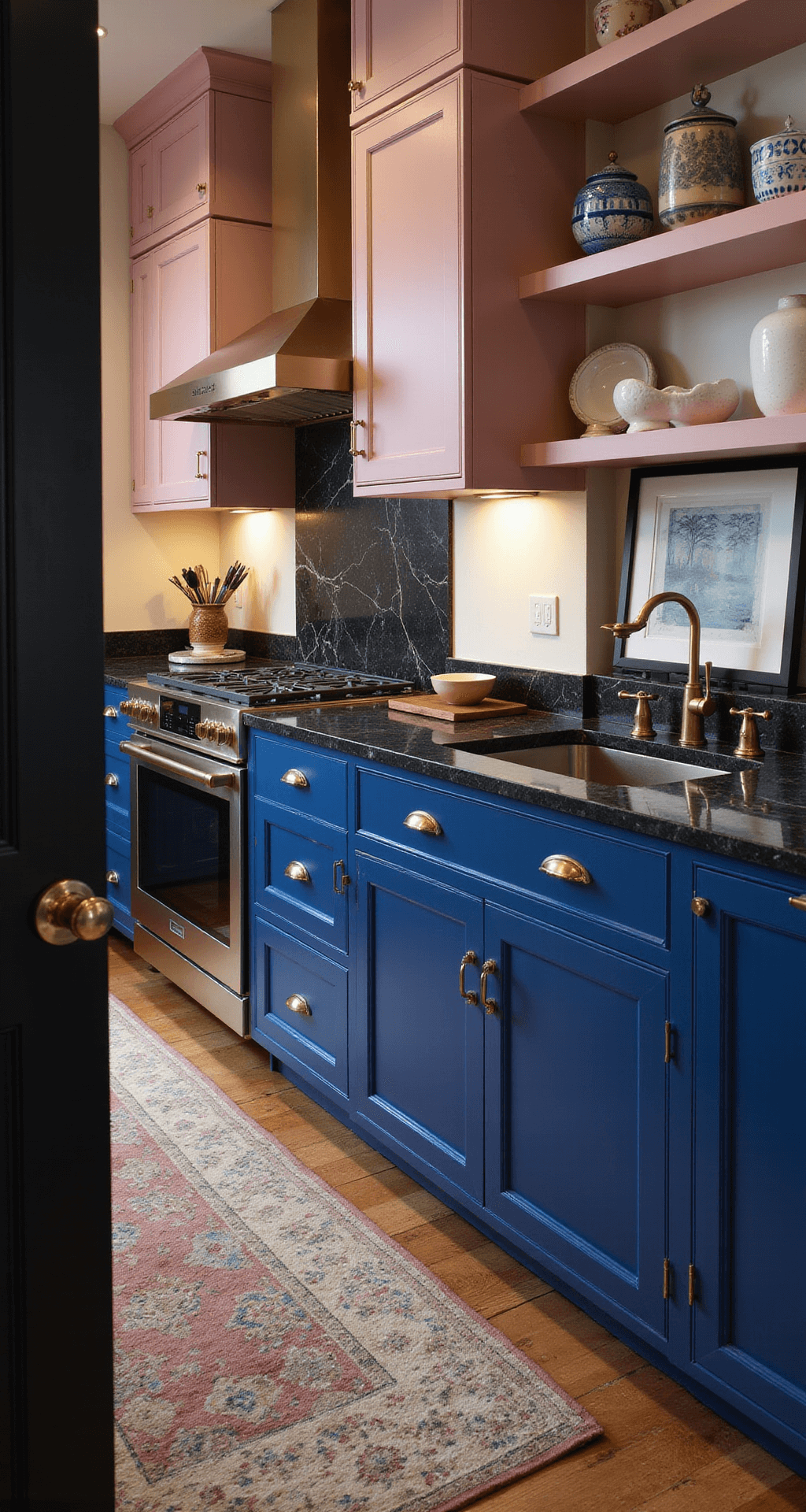 Luxurious chef's kitchen at night featuring royal blue base cabinets and blush pink upper cabinets, brass hardware, dramatic black marble countertops, professional-grade appliances, and an artisanal pottery collection, all illuminated by strategic spot lighting.
