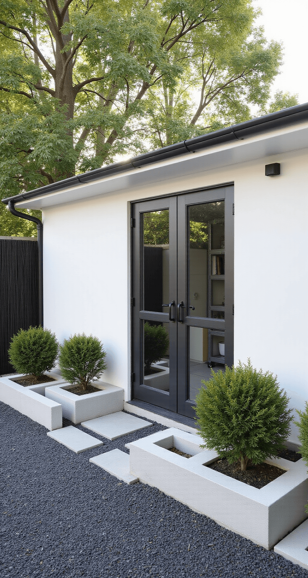A modern minimalist garden shed with stark white exterior, featuring a floor-to-ceiling glass panel door. Matte black hardware contrasts with the walls, and the interior showcases organized metal shelving. The shed is framed by geometric concrete planters and a dark bamboo privacy screen, all set against a backdrop of charcoal gray gravel. The image is captured from a low angle in bright midday light, emphasizing the shed's clean lines and modern design.