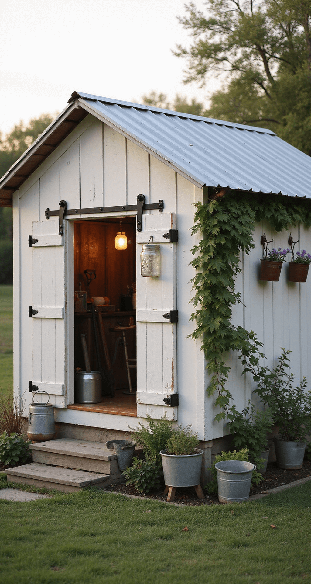 Early morning shot of a vintage-inspired 12x14ft garden shed with distressed white siding and a galvanized metal roof, featuring rustic barn-style doors that reveal antique garden tools. Mason jar planters hang from reclaimed wood, while climbing hydrangea and vintage zinc buckets enhance the nostalgic country setting, all under natural morning mist and warm lighting.