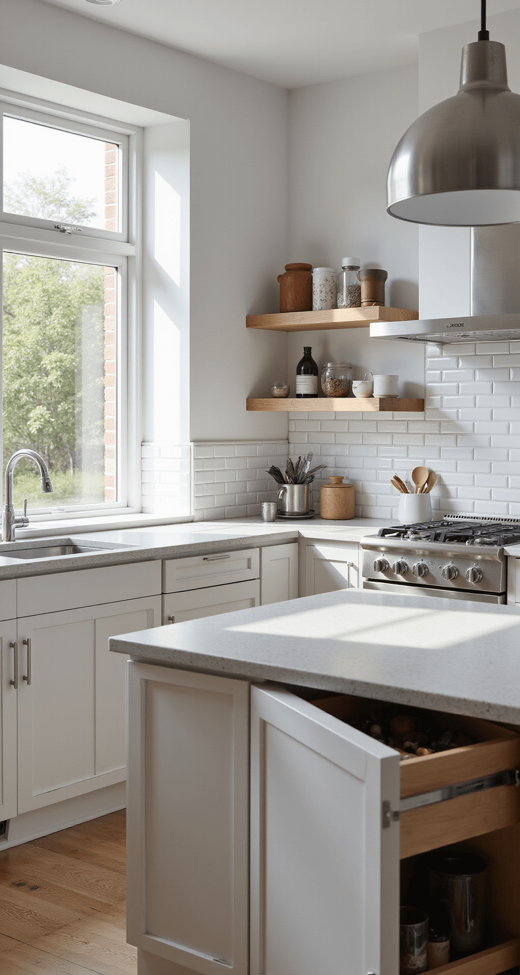 Interior view of a modern SEKTION kitchen featuring bright matte white cabinets, a dove gray quartz island, and stainless appliances, illuminated by morning sunlight through a large window, with warm wood tones and minimalist decor.