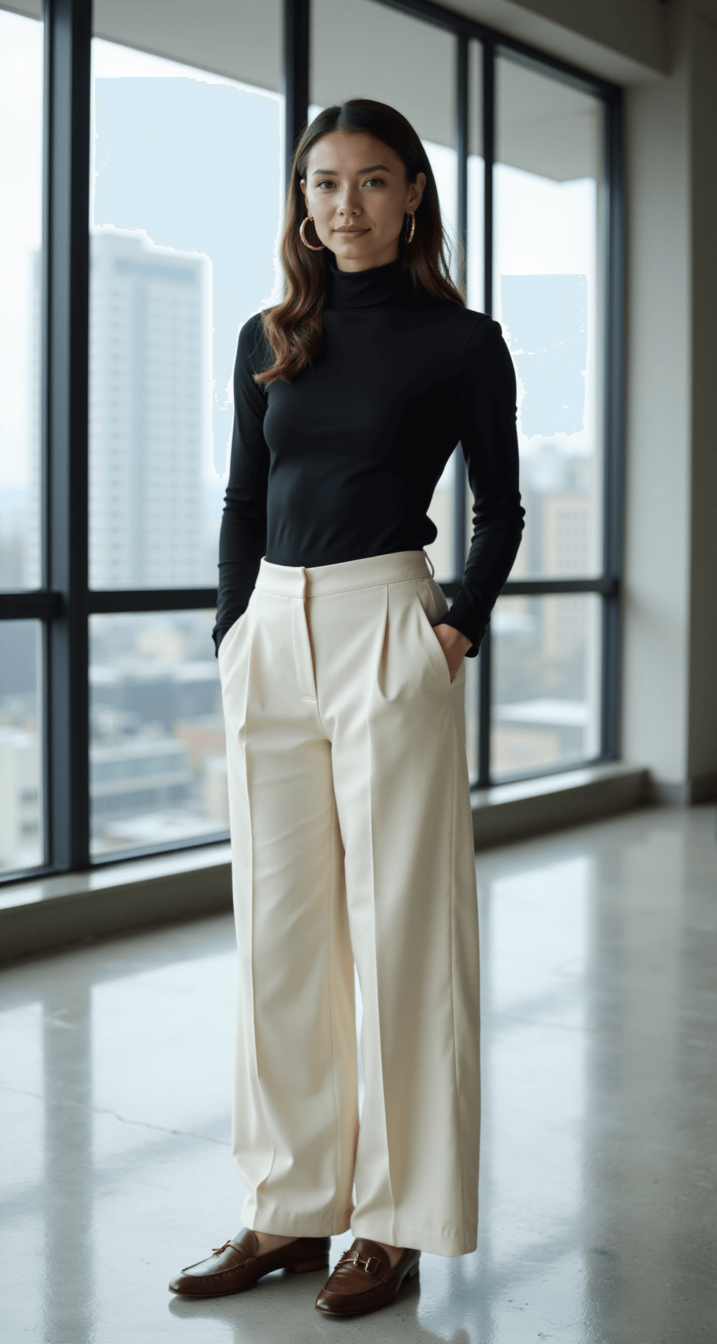 Professional woman in cream wide-leg trousers and a fitted black mock neck top stands confidently in a modern office with floor-to-ceiling windows showcasing city views, complemented by brown leather loafers and minimal gold hoop earrings, illuminated by soft natural light.