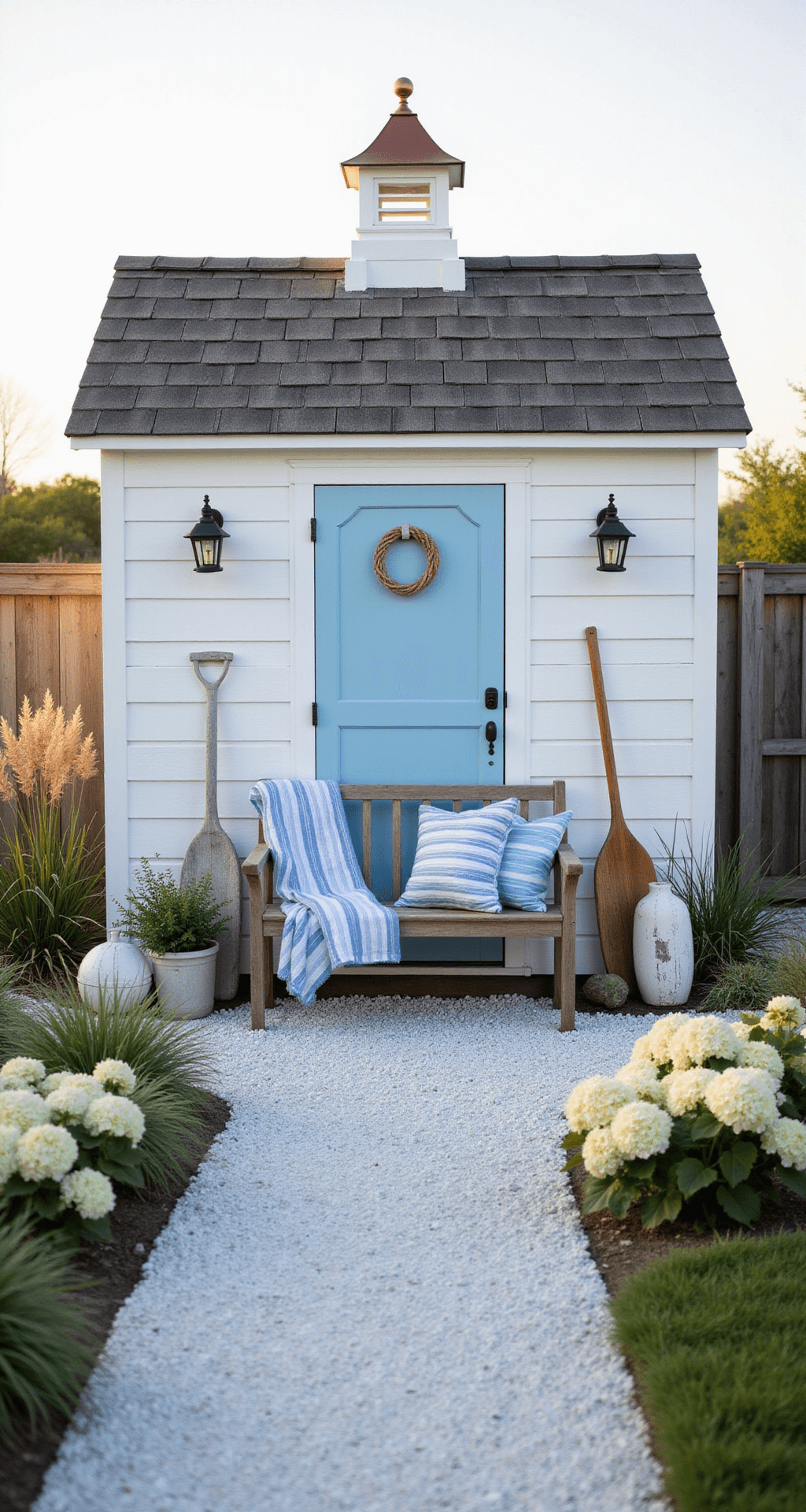 A coastal white garden shed with a shiplap exterior and pale blue accents, featuring a cedar shake roof and copper cupola, surrounded by native grasses and white hydrangeas, with a crushed shell pathway leading to a Dutch door, vintage buoys, and weathered oars, evoking a refined beach cottage atmosphere.
