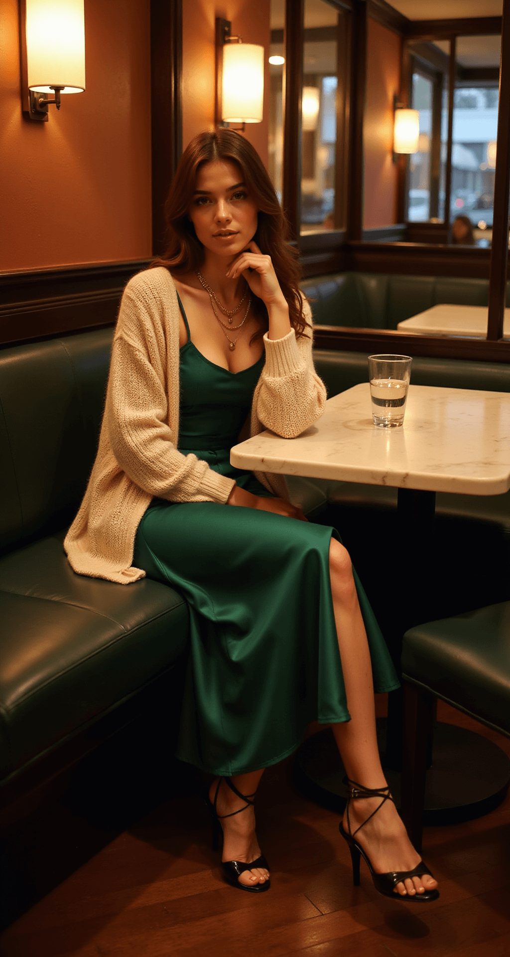 A model in an emerald green silk slip dress and cream chunky knit cardigan sits in a corner banquette of an upscale restaurant, accessorized with layered gold necklaces and strappy black heels, surrounded by warm ambient lighting that enhances the intimate atmosphere.