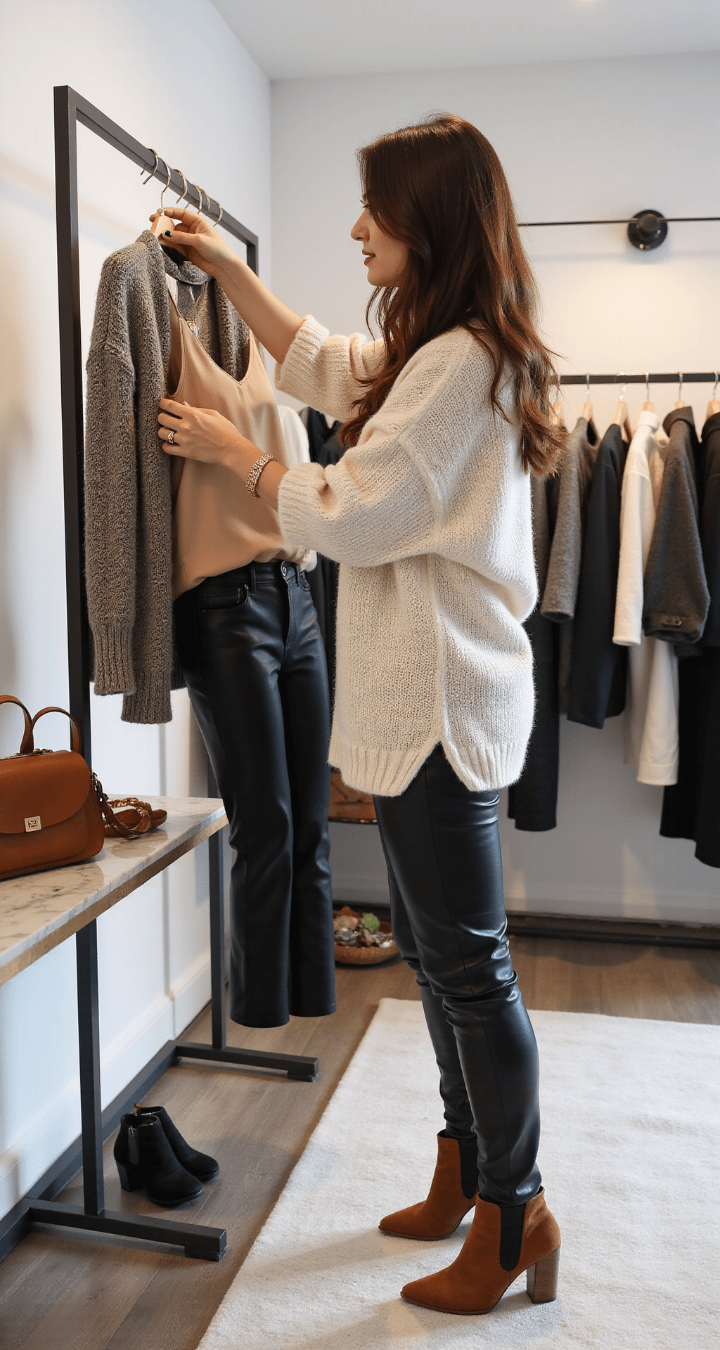 A bright, contemporary dressing room featuring a fashion blogger arranging a layered outfit on a clothing rack, combining a silk camisole, chunky knit sweater, and leather pants. Accessories, including gold jewelry, a structured handbag, and suede ankle boots, are arranged on a marble surface, all set against clean white walls and rich textures. The image is captured from above at a 45-degree angle.